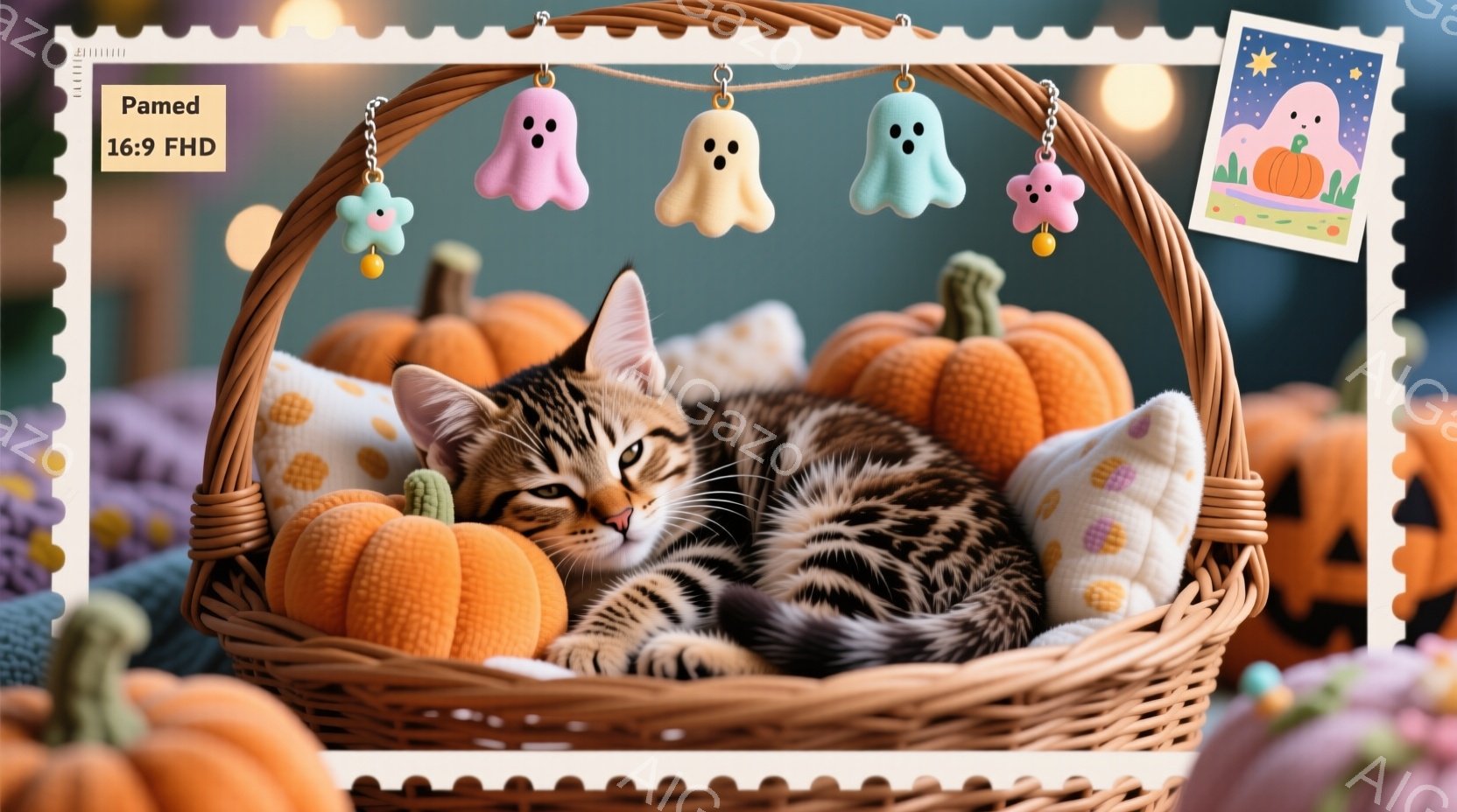 縞模様の小さな子猫が、オレンジ色のカボチャとパステルカラーのゴーストの飾りで飾られたバスケットの中に丸まって眠っています。バスケットの底には、ふわふわしたパステルカラーのクッションが敷かれており、可愛らしい雰囲気を醸し出しています。全体的に温かく、穏やかなハロウィーンの雰囲気が漂う、魅力的な写真です。