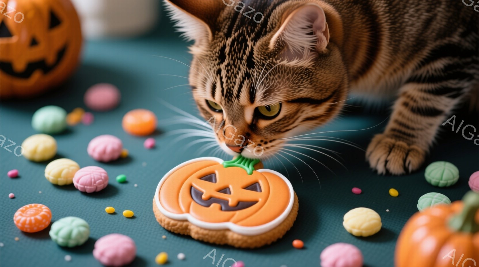 茶色の縞模様の猫が、ハロウィーンのパンプキンクッキーに鼻を近づけています。周りには、カラフルなキャンディーが散らばっており、背景は緑色で、他の小さなパンプキンも配置されています。全体的に、可愛らしく、 - AI生成フリー素材
