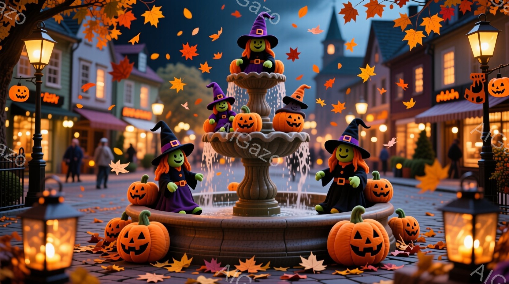 ハロウィンのスタイリズドなシーン、ジャック・オラントを思わせる街、子どもたちが魔法使いに扮し、水の中心で彼らが転がり、落葉の下でハロウィンパンプキンが燃えている。