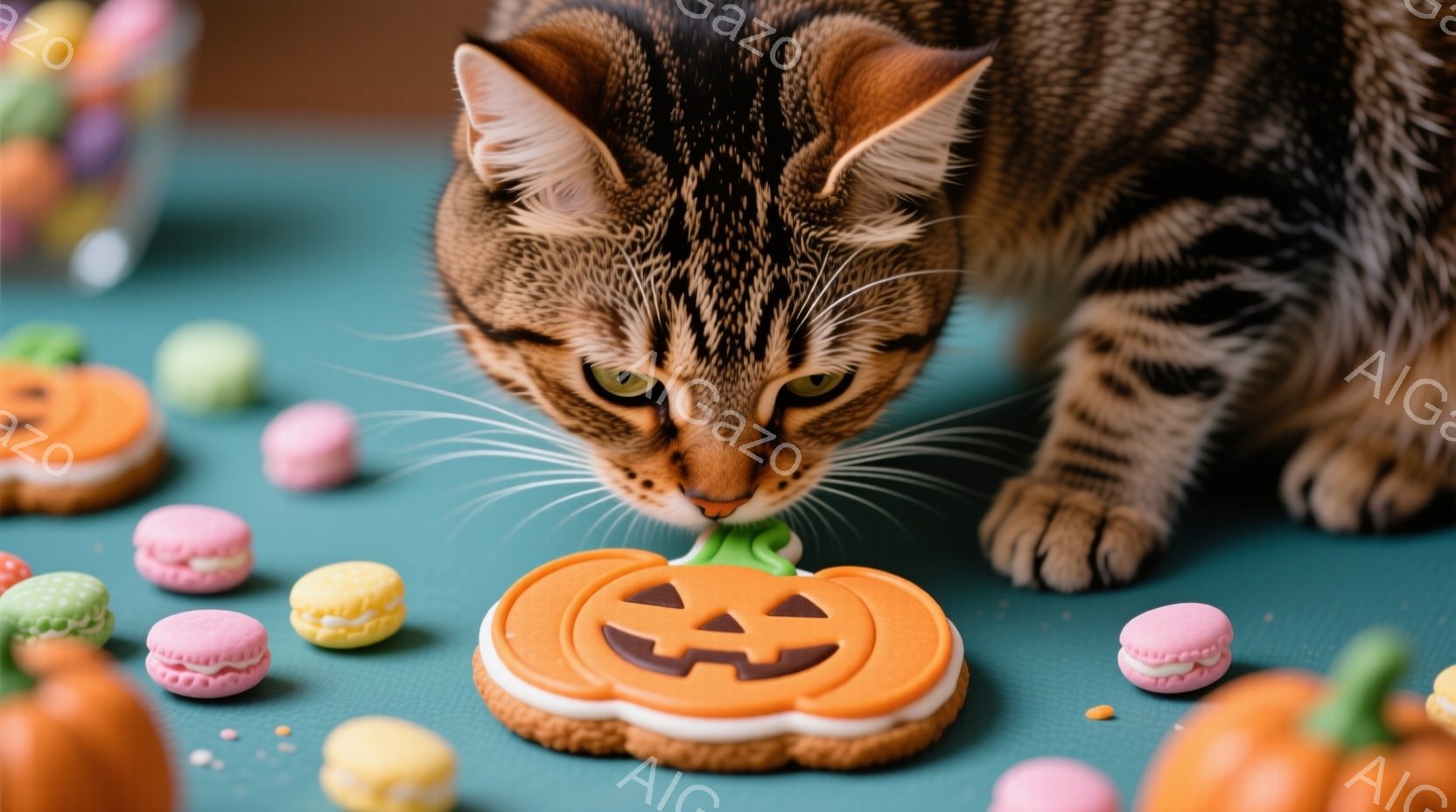 茶色の縞模様の猫が、ハロウィーン風のパンプキンクッキーを舐めようとしている様子が写っている。クッキーは緑色のアイシングで装飾されており、猫は集中した表情でそれをじっと見つめている。背景には、カラフルなマカロンや小さなパンプキンのお菓子が散りばめられており、ハロウィーンの楽しい雰囲気を醸し出している。