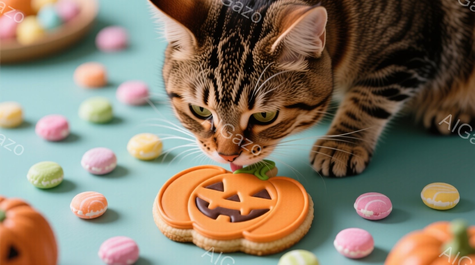 茶色のトラ柄の猫が、ハロウィーンのパンプキンクッキーを舐めようとしています。背景は水色の背景に、様々な色のマカロンや小さなパンプキンが散らばっており、お祝いの雰囲気です。猫はクッキーに集中した表情で、可愛らしい姿を見せています。
