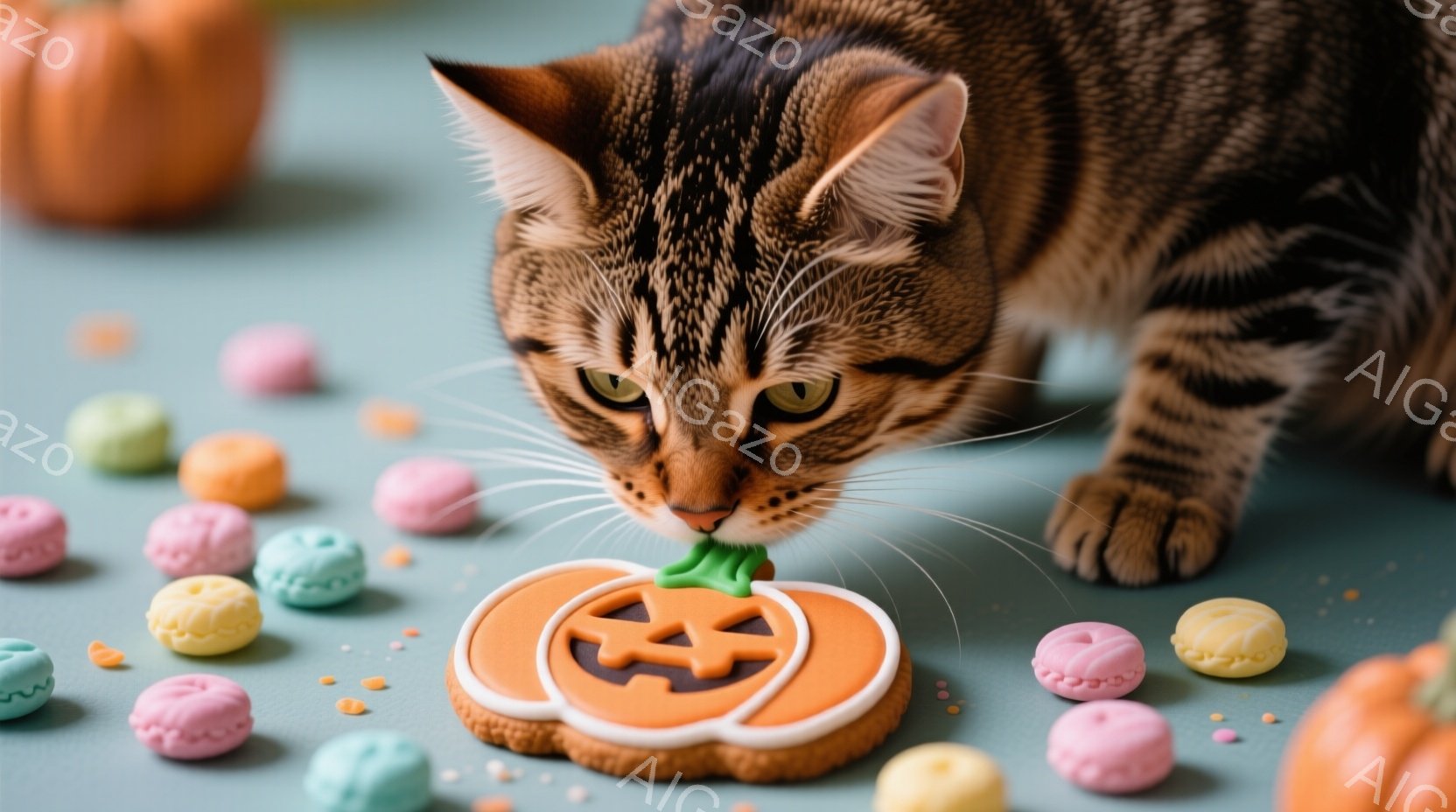 縞模様の猫が、ハロウィーンのパンプキンクッキーを舐めようとしている様子が写っています。クッキーの周りには、パステルカラーのマカロンが散りばめられ、背景は柔らかい水色です。全体的に、可愛らしく温かい雰囲気が漂っています。