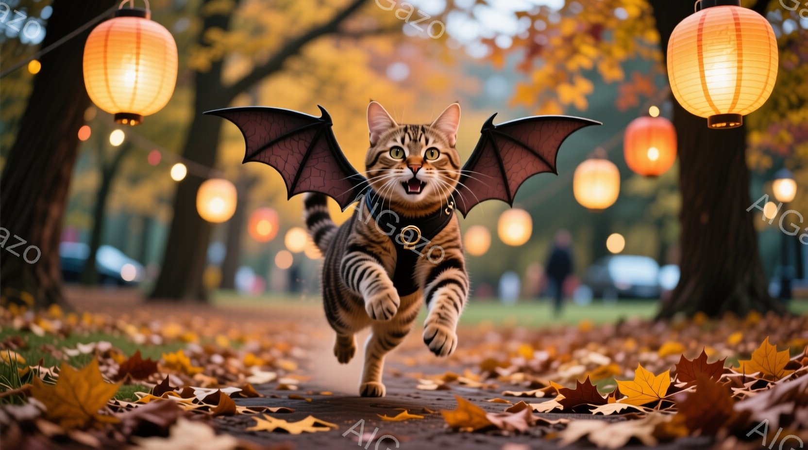 縞模様の猫が、まるで飛んでいるかのように地面を走り、黒い翼を広げている。背景には、葉が散った遊歩道と、夕暮れ時の暖かい光を放つ提灯が並び、秋の公園の穏やかな雰囲気が漂っている。猫は口を開け、興奮した表 - AI生成フリー素材