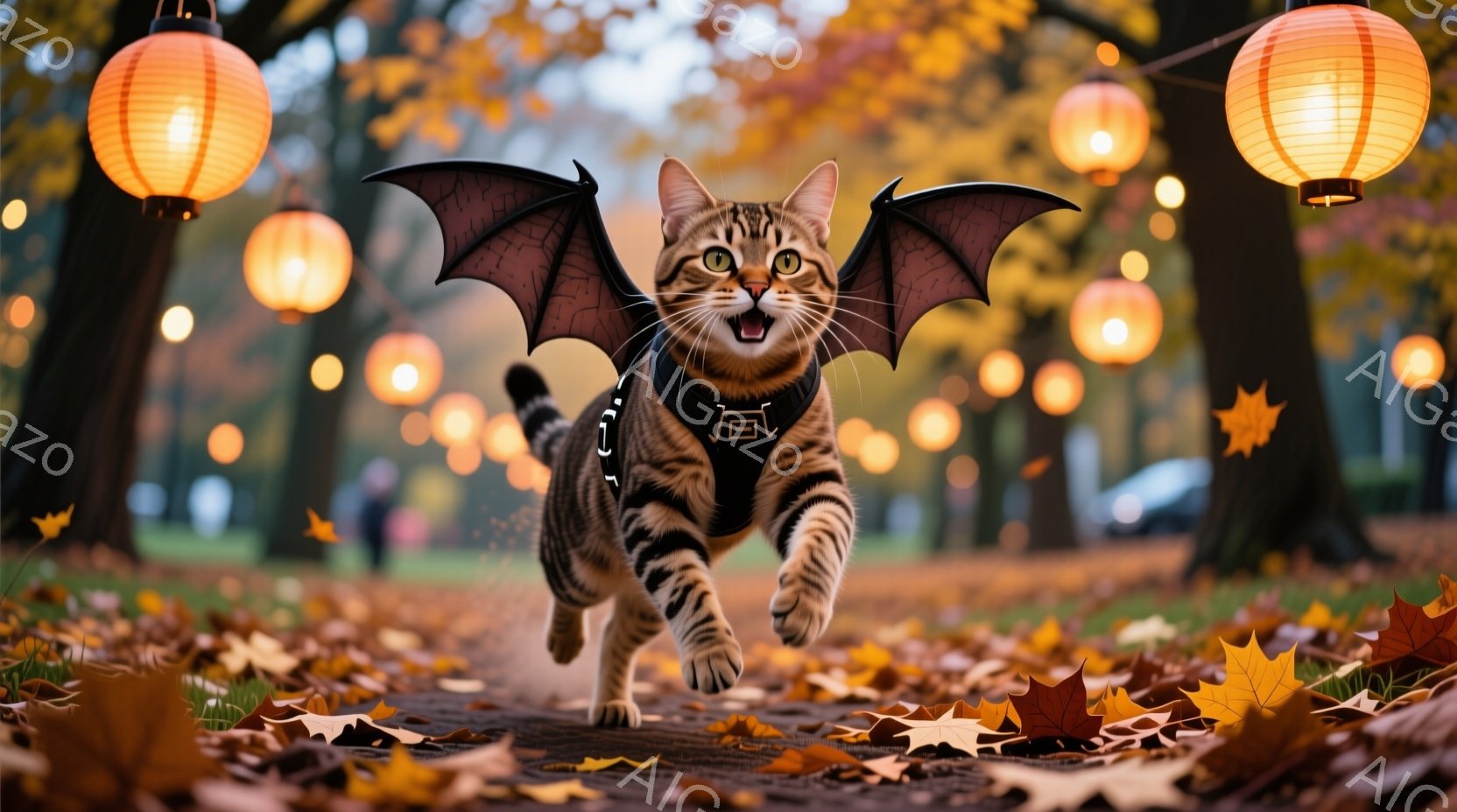 縞模様の猫が、まるで空を飛んでいるかのように、片足を踏み出して走っている。背中にはコウモリのような翼が取り付けられており、楽しそうな表情で口を開けている。背景には落ち葉が散らばる遊歩道と、オレンジ色の - AI生成フリー素材