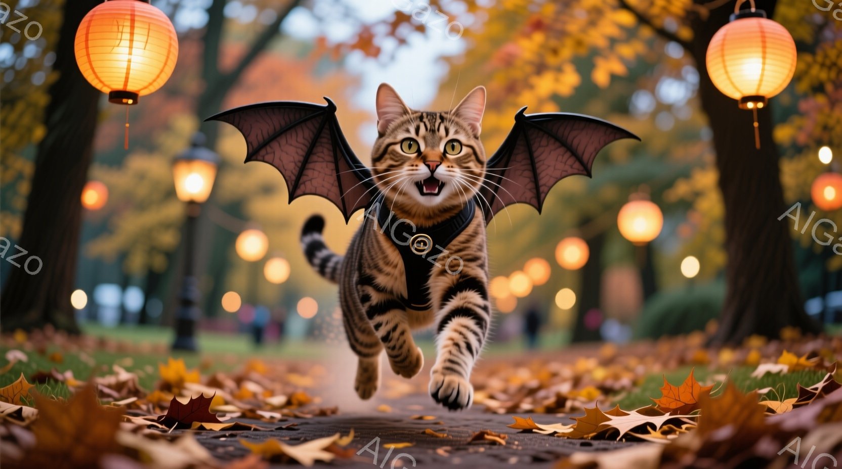 縞模様の猫が翼を広げ、公園の小道を駆けている。猫はハーネスを着ており、興奮した表情で口を開けている。背景には、紅葉した木々と、ぼんやりと光る提灯が並び、秋の暖かい雰囲気を醸し出している。 - AI生成フリー素材