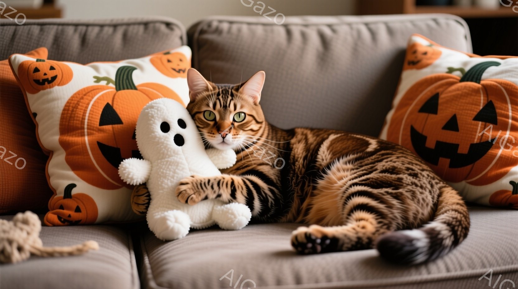 カトリックスクールの教会の場内にあるインテリアを描写するものではなく、猫とその飼い主が自宅で家庭で過ごしているようなシーンを表しています。 猫は、白と黒の毛色を持ち、左の両手に負けたように寝ています。頭を垂げ、目が半閉じ状態でお茶を入れるような表情をしています。猫は柔らかく、身体の線が乱れているため、散漫に寝ていると印象されます。 その周りには、ハロウィンスタイルの枕カバーやパッリングが散らばっており、背景にはフラメンティアーや炭水化樹脂が含まれているようです。全体の雰囲気は家庭的で、休日の暮らしを描写したものと思われます。