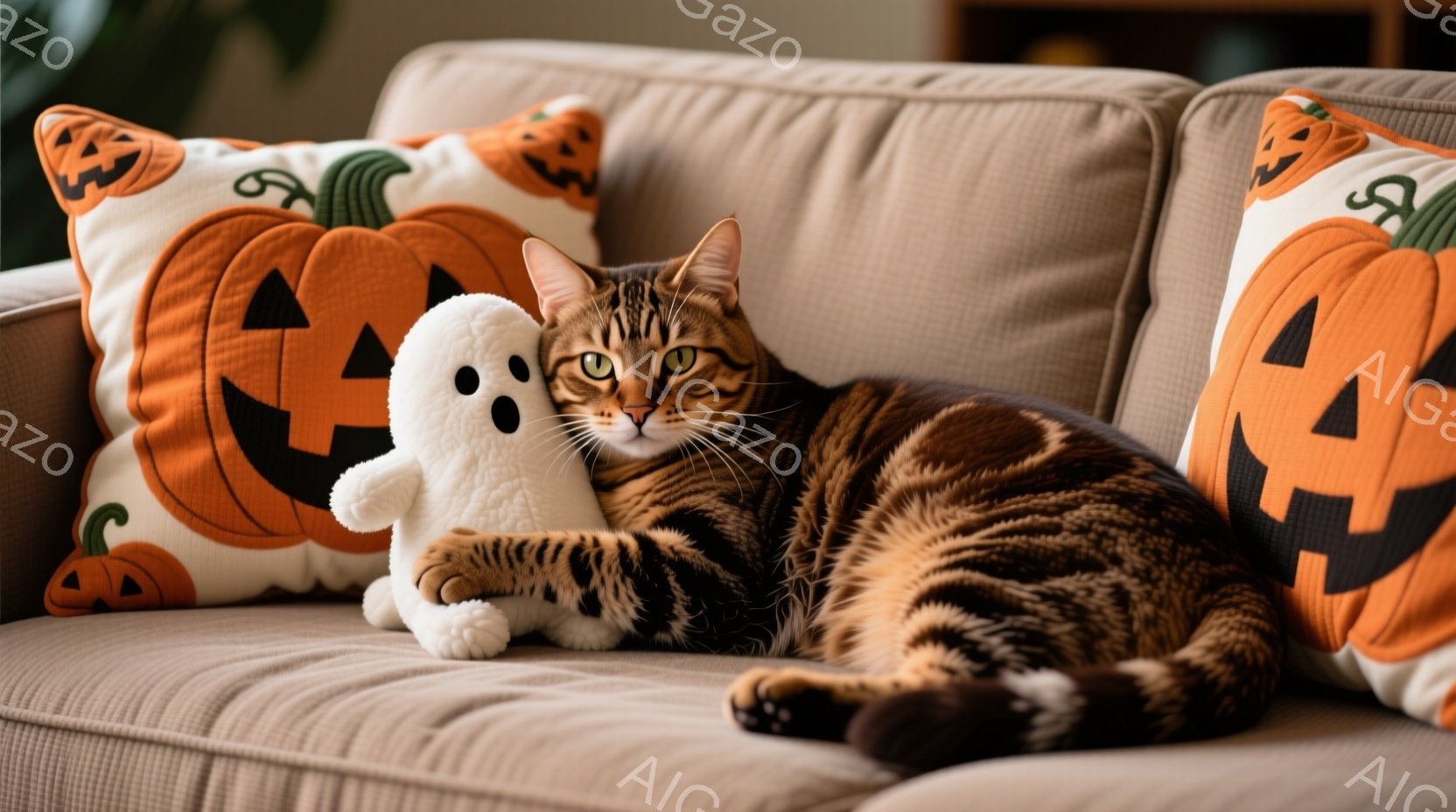 明るいベージュ色のソファに、縞模様の茶色の猫がリラックスして横たわっています。猫は白い幽霊のぬいぐるみを抱き、穏やかな表情でカメラを見つめています。背景にはハロウィーンのオレンジ色のカボチャ柄のクッシ - AI生成フリー素材