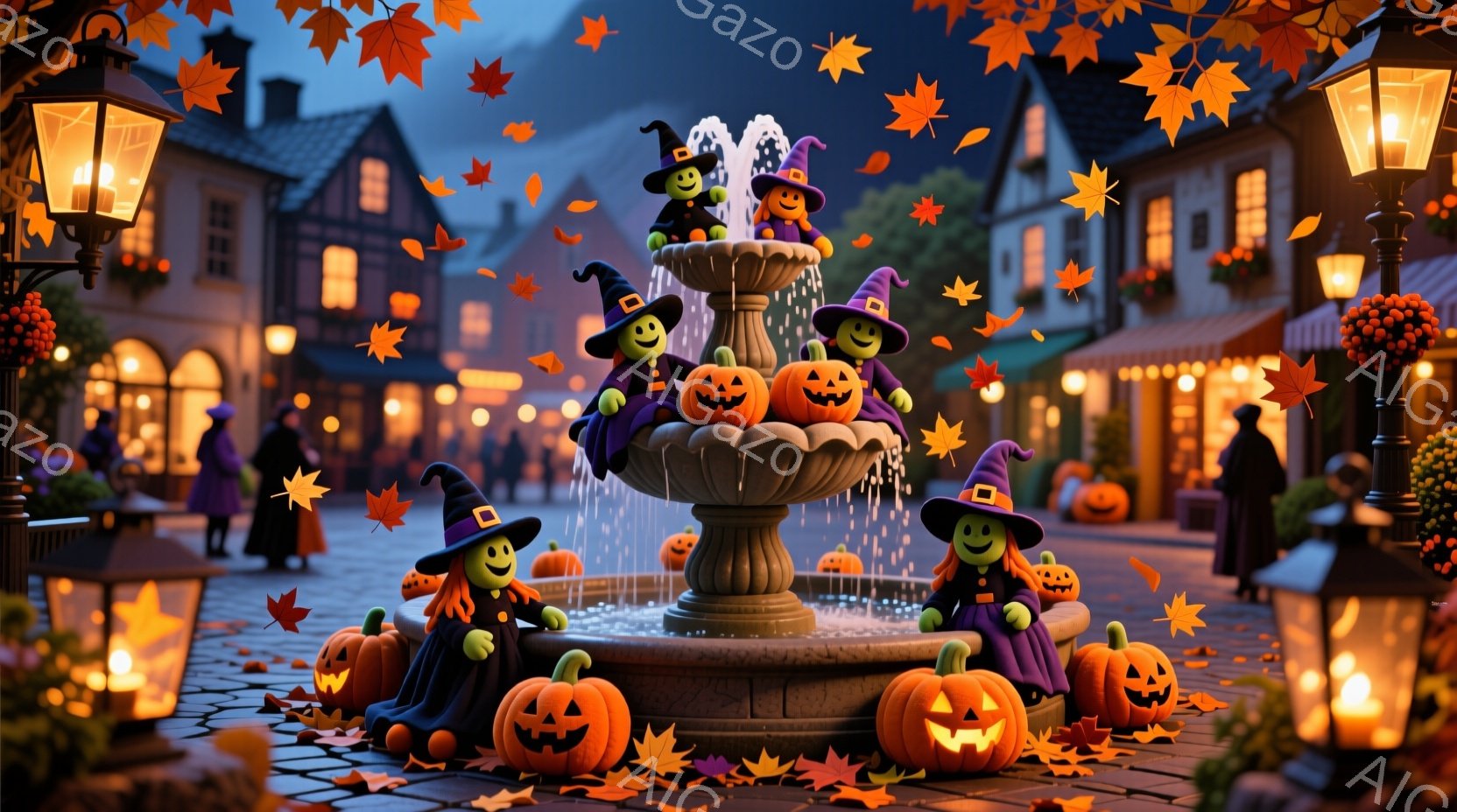 石畳の広場には、ハロウィーンを象徴するカボチャと、魔女帽子をかぶった緑色のキャラクターが、美しい噴水の周りに集まっています。背景には、ライトアップされた趣のある建物が並び、秋の紅葉が舞い散る幻想的な夜 - AI生成フリー素材