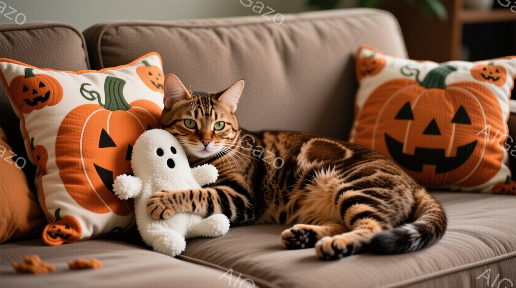 茶色のソファーに、縞模様の猫が横たわっており、白い幽霊のぬいぐるみを抱きかかえています。猫はリラックスした表情で、少し目を細めており、背景にはハロウィーンを思わせるカボチャの模様のクッションが並んでい - AI生成フリー素材