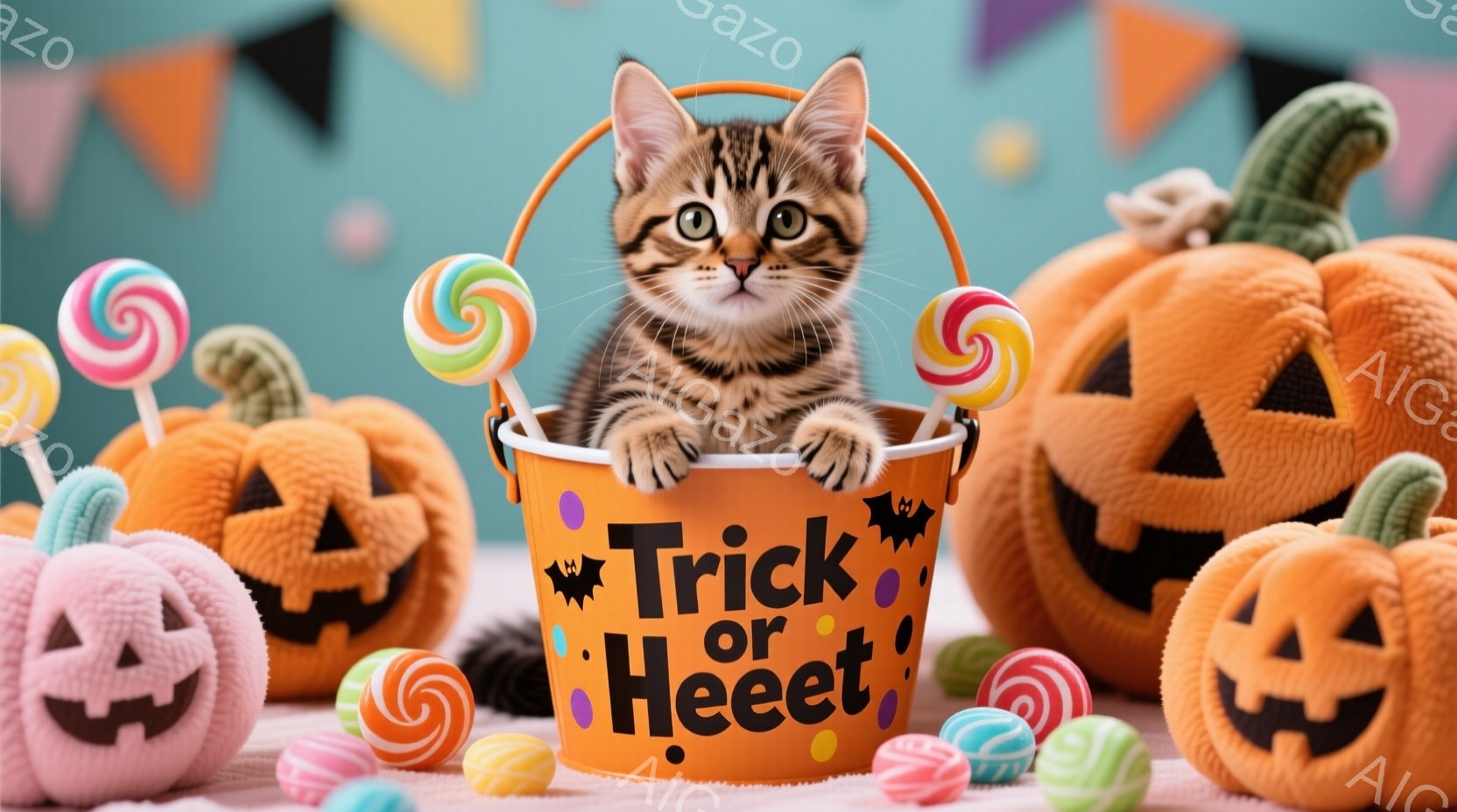 オレンジ色の背景に、かわいらしいハロウィーンの装飾が並んでいます。小さな子猫が「トリック・オア・トリート」と書かれたバケツの中から顔を出しており、好奇心いっぱいの表情でこちらを見ています。キャンディー - AI生成フリー素材