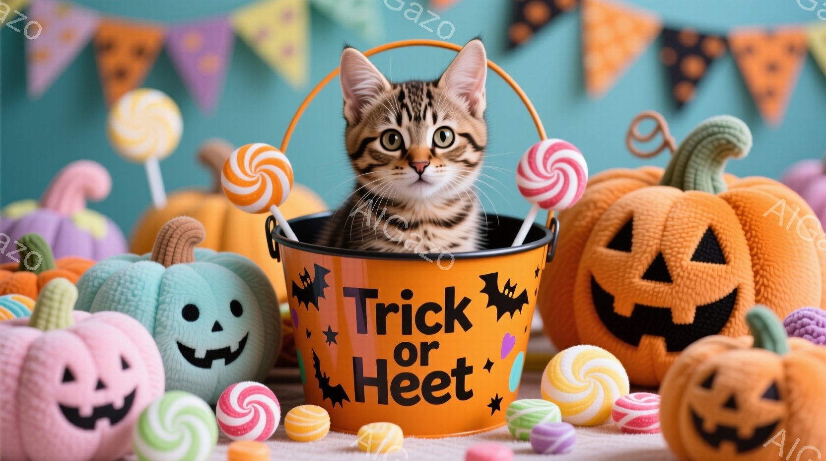 オレンジ色の「トリック・オア・トリート」と書かれたバケツの中に、縞模様の小さな子猫が座っています。周りにはハロウィーンのキャンディーや、ピンクとオレンジのジャック・オー・ランタンが散りばめられ、背景に - AI生成フリー素材