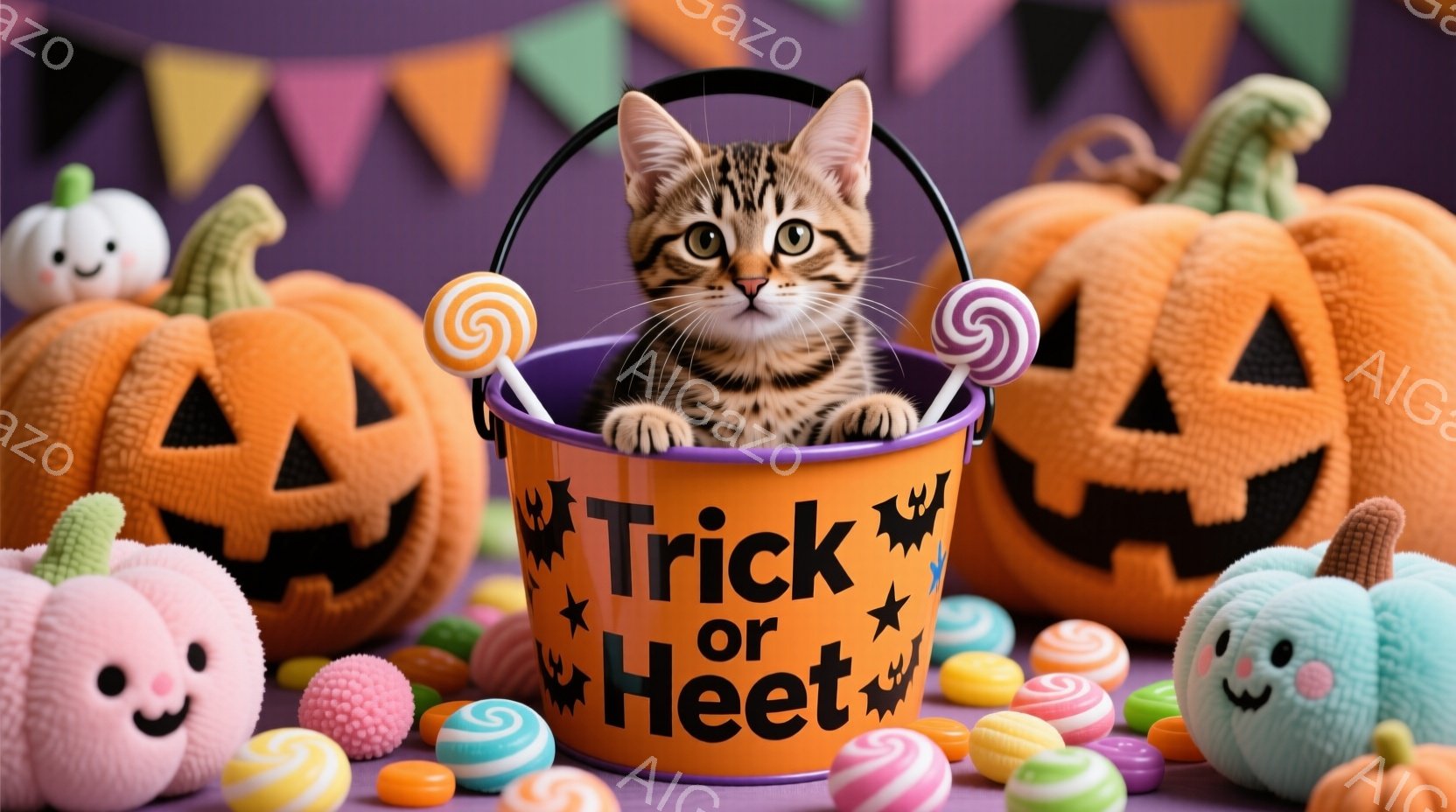 ハロウィーンをテーマにした写真で、オレンジ色のバケツの中に子猫が座っています。子猫は茶色と黒の縞模様で、好奇心と少しの警戒心を持ってカメラを見つめています。背景には、様々なハロウィーンのお菓子や、可愛らしい顔のついたパンプキンが散りばめられ、お祝いムードを演出しています。