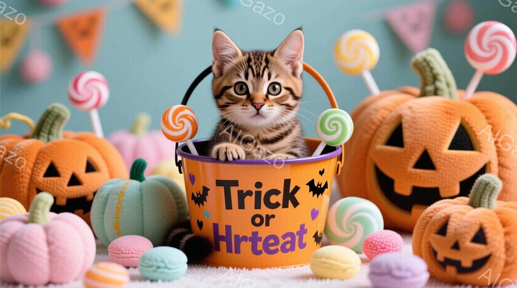 おそらくハロウィンシーズンのコンテキストを持つものと思われる。中央には、綿製のミニチュアのハロウィンバッグがあり、その上に小さいオレンジ色のカーブルの棒が立っています。そのバッグには「TREAT OR TREAT」と書かれた文字があり、その下には「TRICK OR TREAT」という文字も見えます。バッグ内で、茶色のハーフ・ブリタニー（ポリティカル・コントロール）が探索をしているように見えます。 整体的な印象は、明るく、暖かく、楽しいフェスティバルの雰囲気を呈しています。