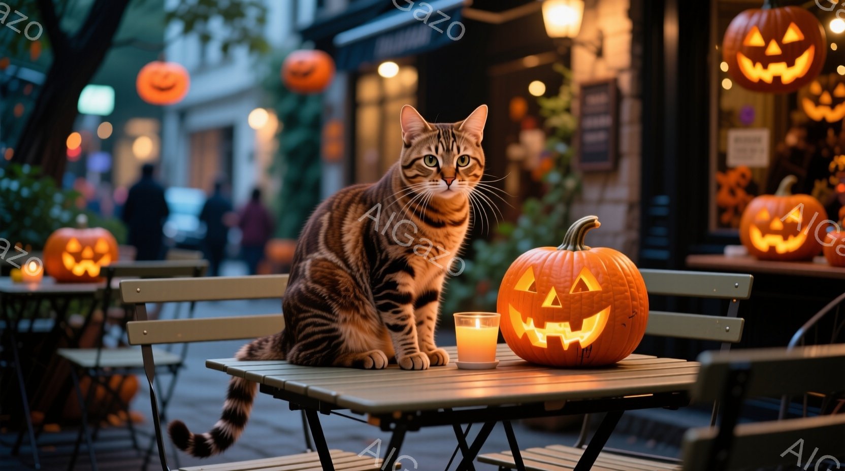 オレンジと黒の縞模様の猫が、ハロウィーンの飾り付けがされた屋外カフェのテーブルに座っています。テーブルの上には、点灯したキャンドルが入ったジャックオーランタンが置かれ、背景には他のジャックオーランタンやぼんやりと見える人々が見えます。全体的に、温かく、お祝いの、ハロウィーンの雰囲気が漂うシーンです。