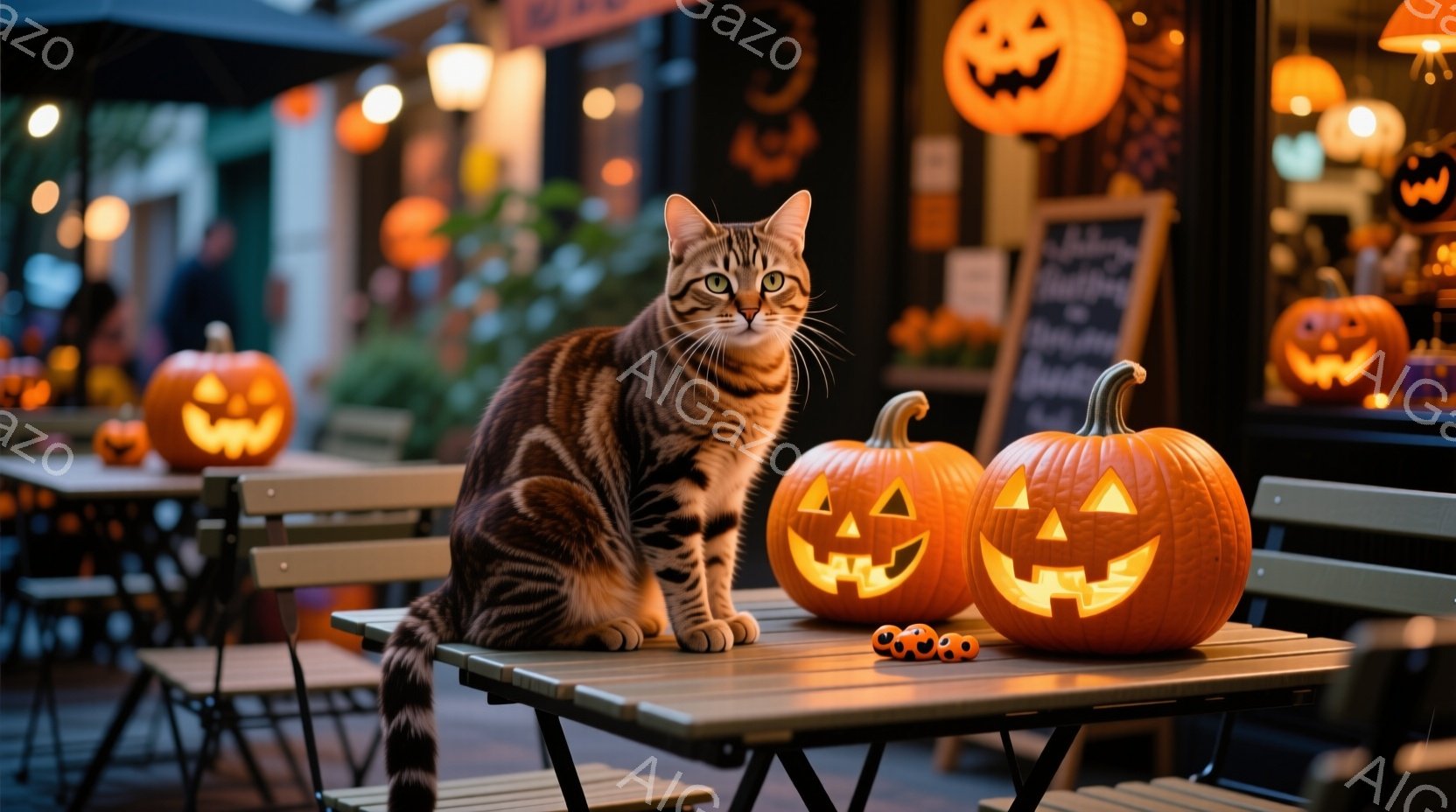 茶色の縞模様の猫が、ハロウィーンの飾りが施された屋外カフェのテーブルに座っている。テーブルの上には、明るく光るジャック・オー・ランタンが2つと、小さなキャンディが置かれており、背景にはぼんやりと店舗や他の装飾が灯っている。全体的に、暖かい光と猫の落ち着いた表情が、ハロウィーンの季節の心地よい雰囲気を醸し出している。