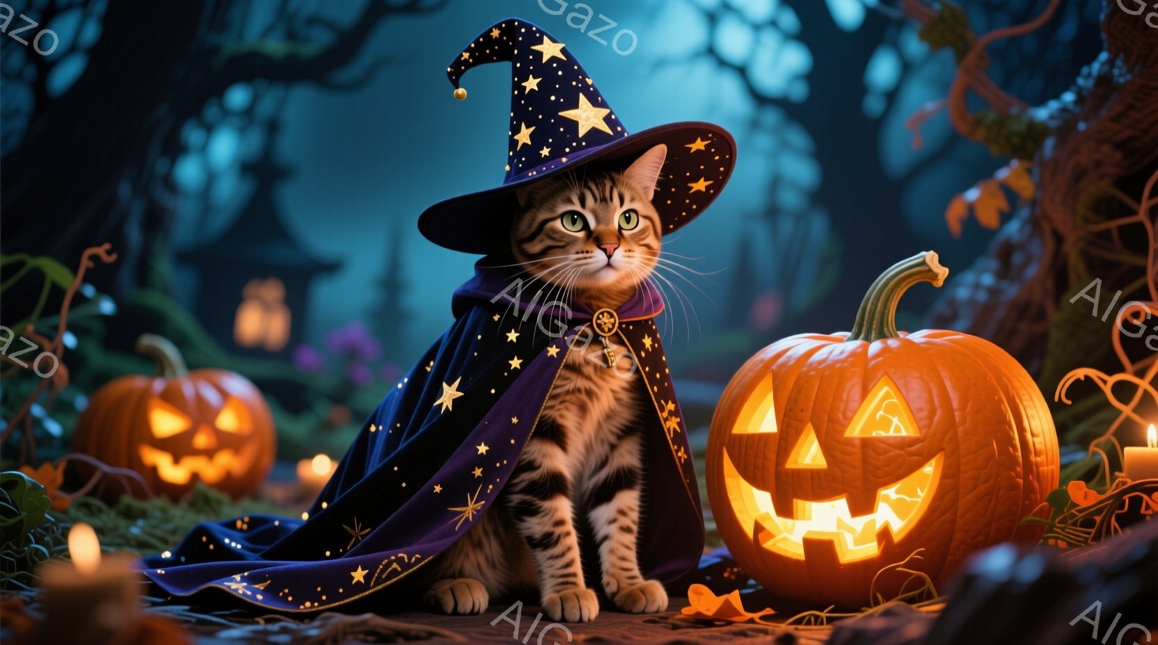 縞模様の猫が、星が散りばめられた紫色の魔法使いの衣装と帽子を身につけ、少し自慢げな表情で座っています。背景には、ジャック・オー・ランタンが灯っており、ほの暗い森の中に神秘的な光を投げかけています。キャンドルの灯りが猫とカボチャの周りを照らし、ハロウィンの雰囲気を盛り上げています。