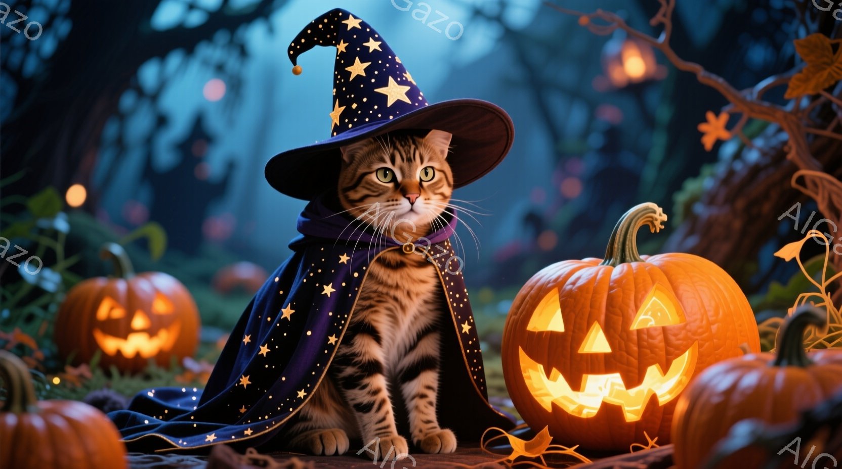 茶色の縞模様の猫が、星柄の黒い魔法使いのローブと帽子を身につけ、自信に満ちた表情で座っています。周囲にはジャック・オー・ランタンがいくつか配置され、暗い森の背景とオレンジ色の光がハロウィーンの雰囲気を醸し出しています。落ち葉が散らばった地面とぼんやりとした光が、神秘的で少し不気味な夜の雰囲気を強調しています。