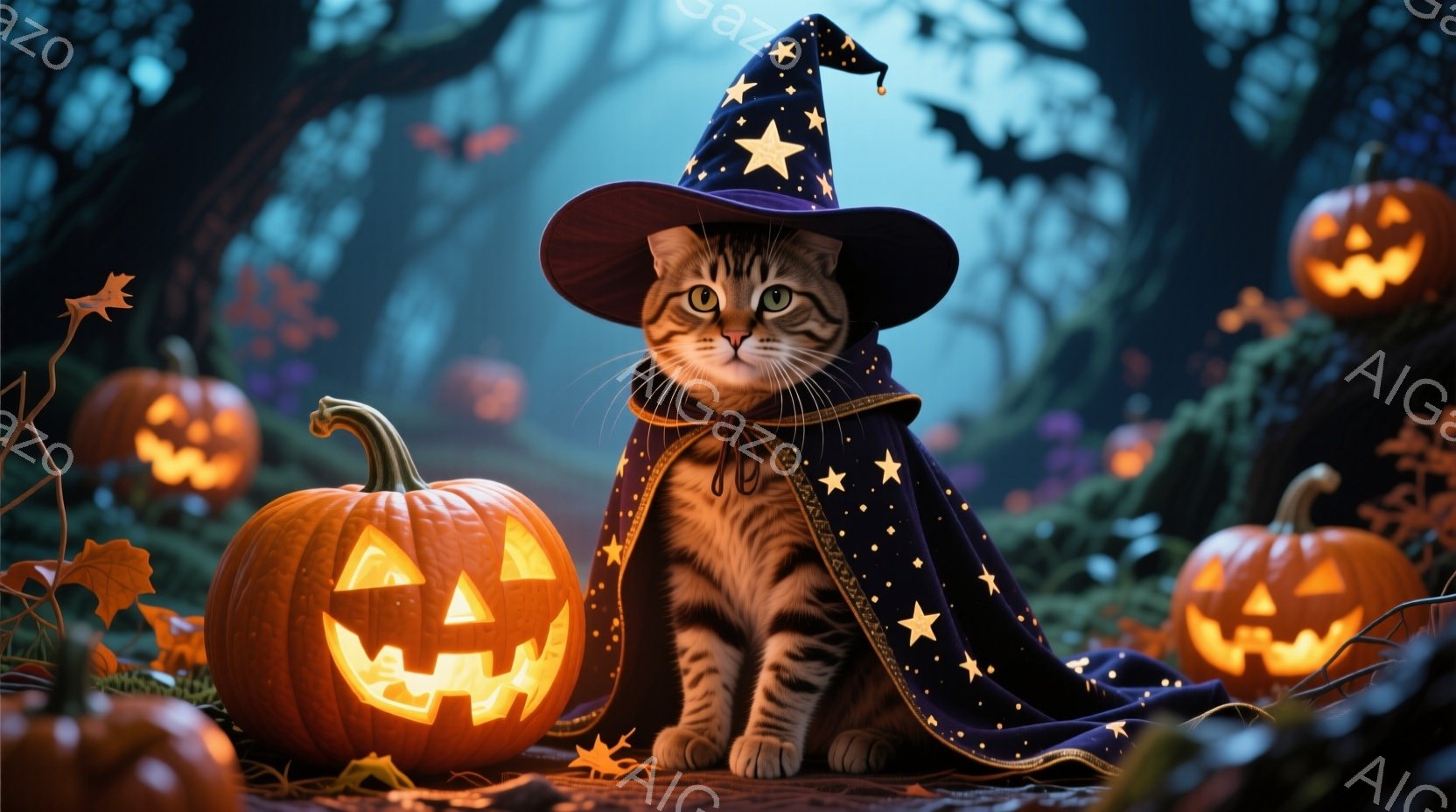 縞模様の猫が、星柄の黒いマントと、先のとがった帽子を身に着けて座っています。背景には、さまざまな大きさのジャック・オー・ランタンが光り、暗い森の木々や落ち葉がハロウィーンの雰囲気を醸し出しています。全 - AI生成フリー素材