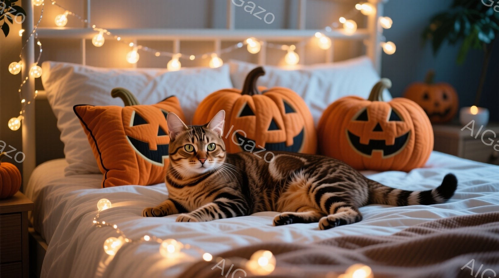 縞模様の猫が白いベッドの上に横たわっており、ハロウィーンの飾り付けが背景にあります。ベッドの上にはカボチャの形をしたクッションが並べられ、ベッドヘッドの周りにはオレンジ色の光が点灯しています。全体的に - AI生成フリー素材
