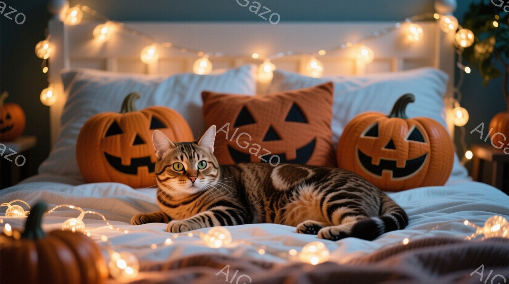 ベッドの上に縞模様の猫が横たわっており、ハロウィーンの飾りであるジャック・オー・ランタンのクッションと小さなカボチャに囲まれています。猫はリラックスした様子で前を見つめ、暖かく居心地の良い雰囲気を醸し - AI生成フリー素材