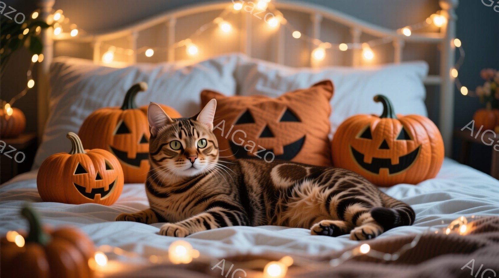 縞模様の猫が白いベッドに横たわっており、周囲にはハロウィーンのジャック・オー・ランタンのクッションとカボチャが置かれています。猫はリラックスした表情で、カメラの方を見ています。背景には、小さな光が点在 - AI生成フリー素材