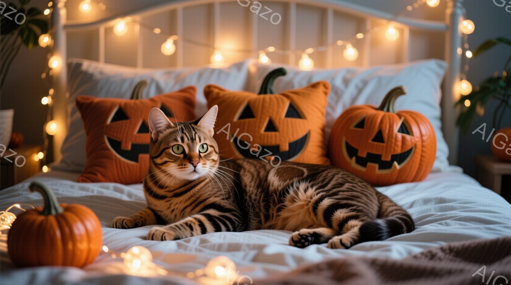 明るいベッドの上に、縞模様の猫が横たわっています。猫はリラックスした様子で、落ち着いた表情をしています。背景には、ハロウィーン風のジャック・オ・ランタンのクッションと小さなカボチャが配置され、温かい光 - AI生成フリー素材