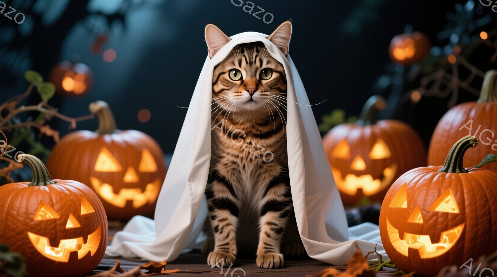 茶色の縞模様の猫が白い布を頭から羽織り、ハロウィーンの仮装をしている。猫は正面をまっすぐ見つめ、少し驚いたような表情をしている。背景には、彫刻が施されたジャック・オ・ランタンがいくつか並び、落ち葉が散 - AI生成フリー素材