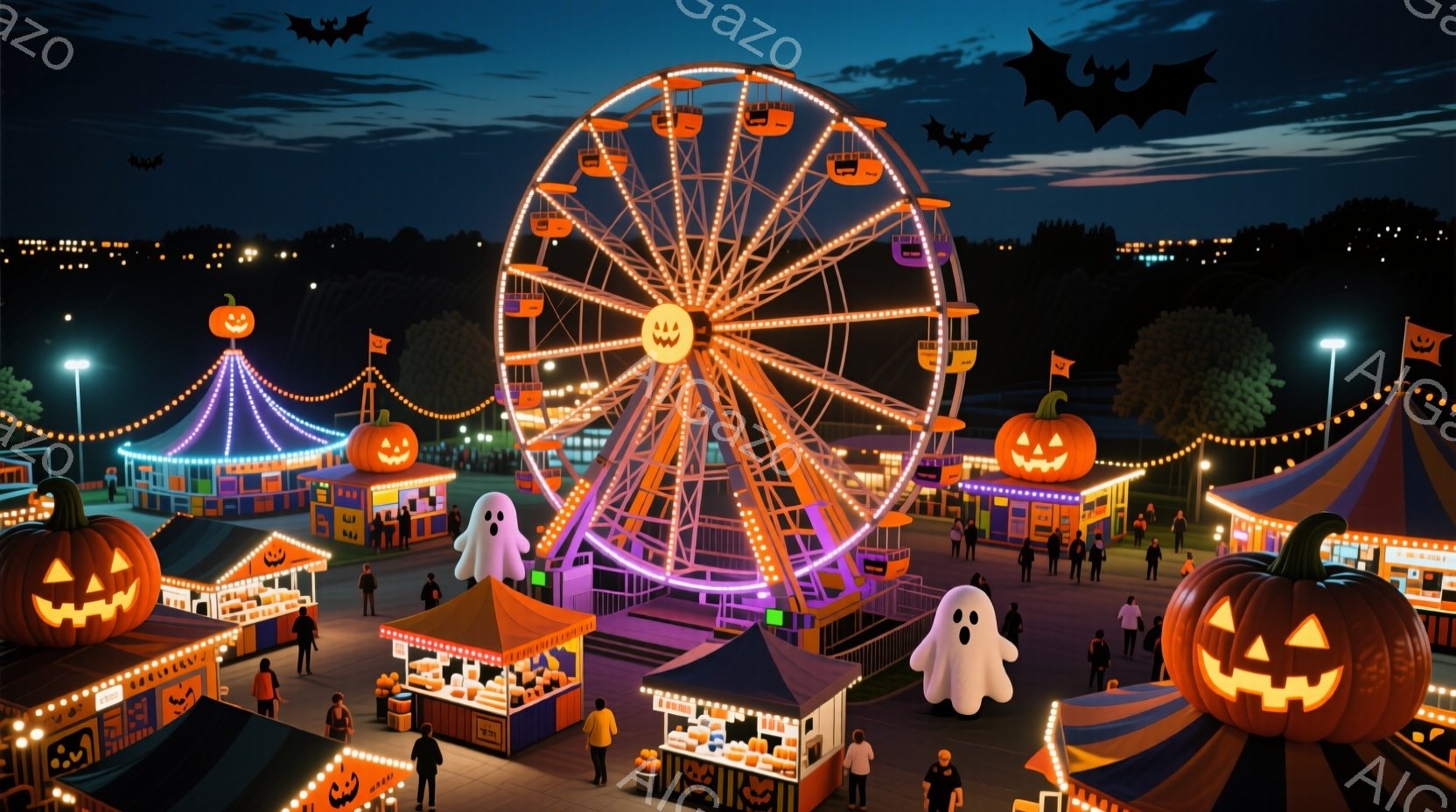 夜の遊園地がハロウィーンの装飾で賑わっている。人々はカジュアルな服装で、ゲームや食べ物の屋台の周りを歩き回り、楽しんでいる様子が伺える。背景には、明るく輝く観覧車や、ハロウィーンのテーマで飾られたテン - AI生成フリー素材