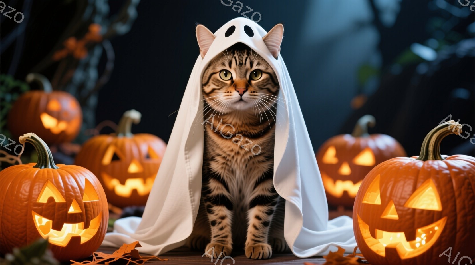 茶色の縞模様の猫が白い幽霊の衣装を着て座っています。周りにはジャック・オー・ランタンがいくつか置かれ、落ち葉が散らばっています。全体的にハロウィーンの楽しい雰囲気が漂っており、猫は少し驚いたような表情 - AI生成フリー素材