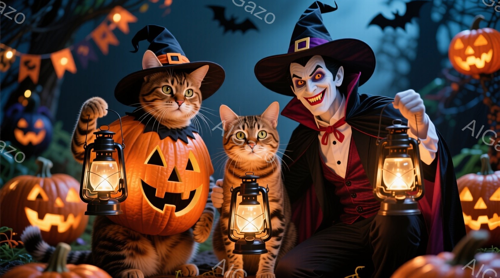 ハロウィーンをテーマにした画像で、カボチャの衣装を着た猫と、吸血鬼の衣装を着た人物が描かれています。猫はカボチャの頭から顔を出し、人物は赤いリボンと黒いマントを身につけ、牙をむき出して微笑んでいます。背景には、たくさんのカボチャのランタンが並び、暗い森と夜空が広がっており、お祭り騒ぎの雰囲気を醸し出しています。