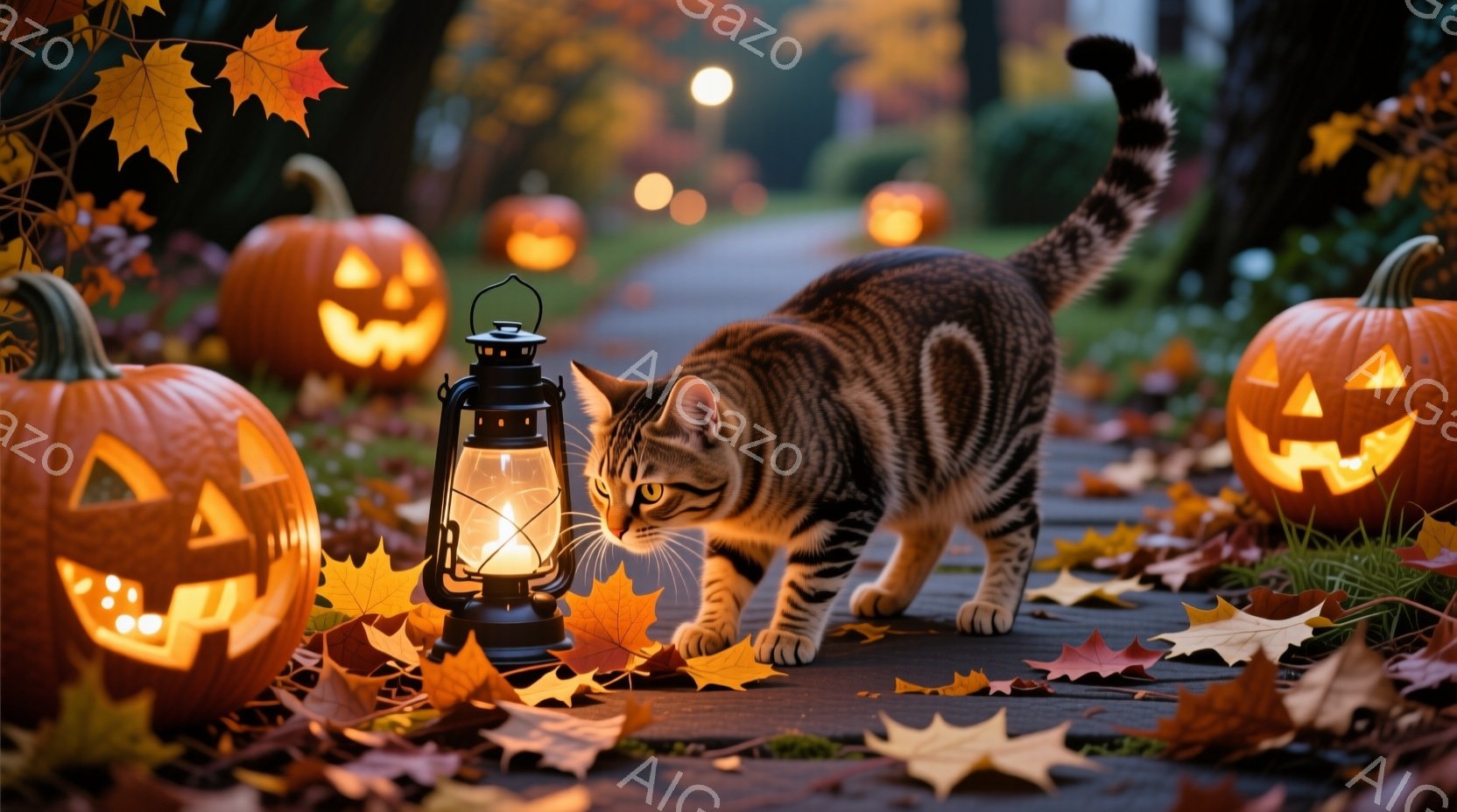 秋の夜に散策するために道を歩いているタイガーストリートキャットを描写しています。彼女は細かい線のパーカーと、目が針状であり、耳も鋭く、身体全体が柔らかなポジションにあることが特徴です。彼女は道路を沿って進み、幾つかの灯りや落葉に覆された地面が見えます。 雰囲気はロマンチックであり、色彩が少し劣化していることを除けば、純然たる悪魔の夜のイメージを維持しています。