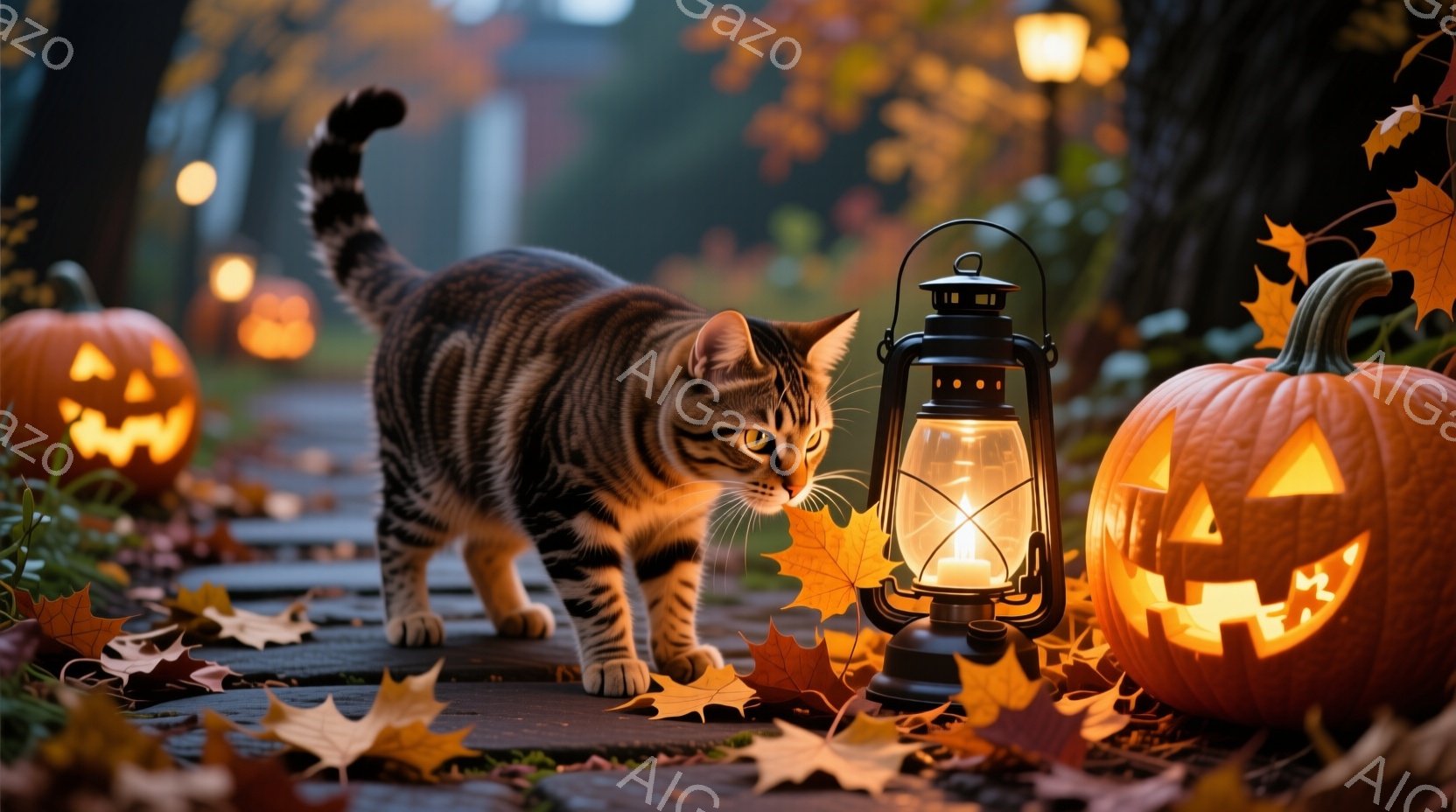 縞模様の猫が、落ち葉が散らばる石畳の道を進んでいます。周りにはジャック・オー・ランタンと、灯りのついたランタンがあり、ハロウィーンの夜を思わせる暖かい雰囲気です。背景にはぼやけた木々が見え、秋の夜長を感じさせます。