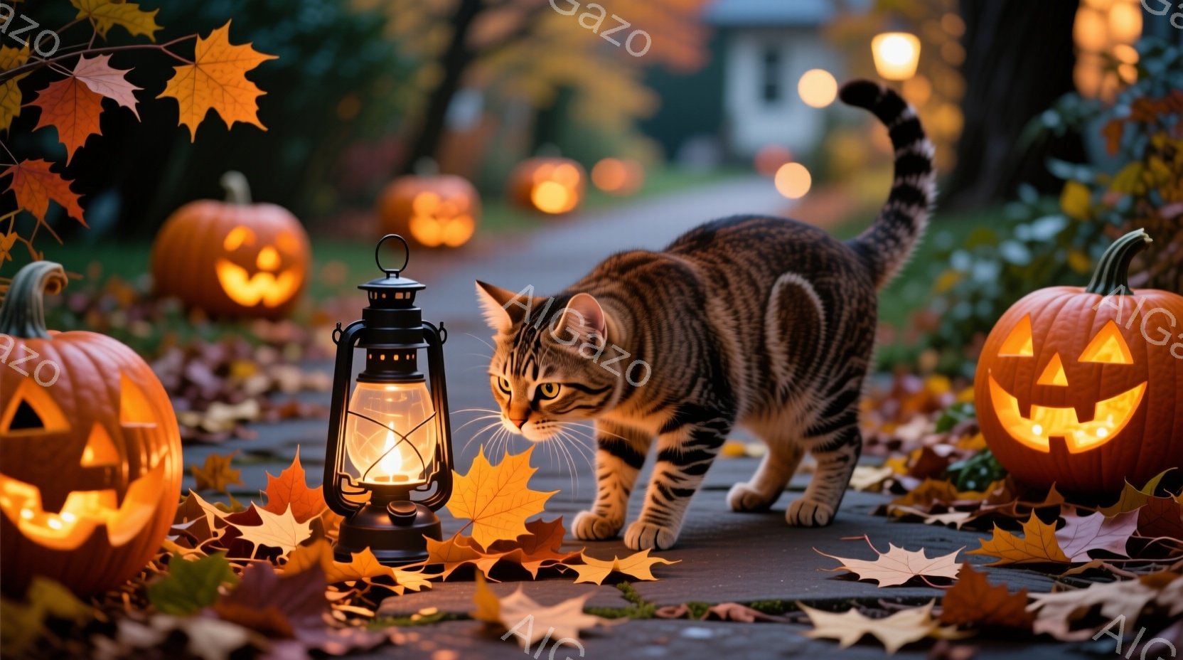 舗装された道に散らばる紅葉の中、縞模様の猫が前方をまっすぐ見つめながら歩いている。道の両側にはハロウィーンのランタンとしてくり抜かれたカボチャが並び、その温かい光が周囲を照らしている。背景にはぼやけた - AI生成フリー素材