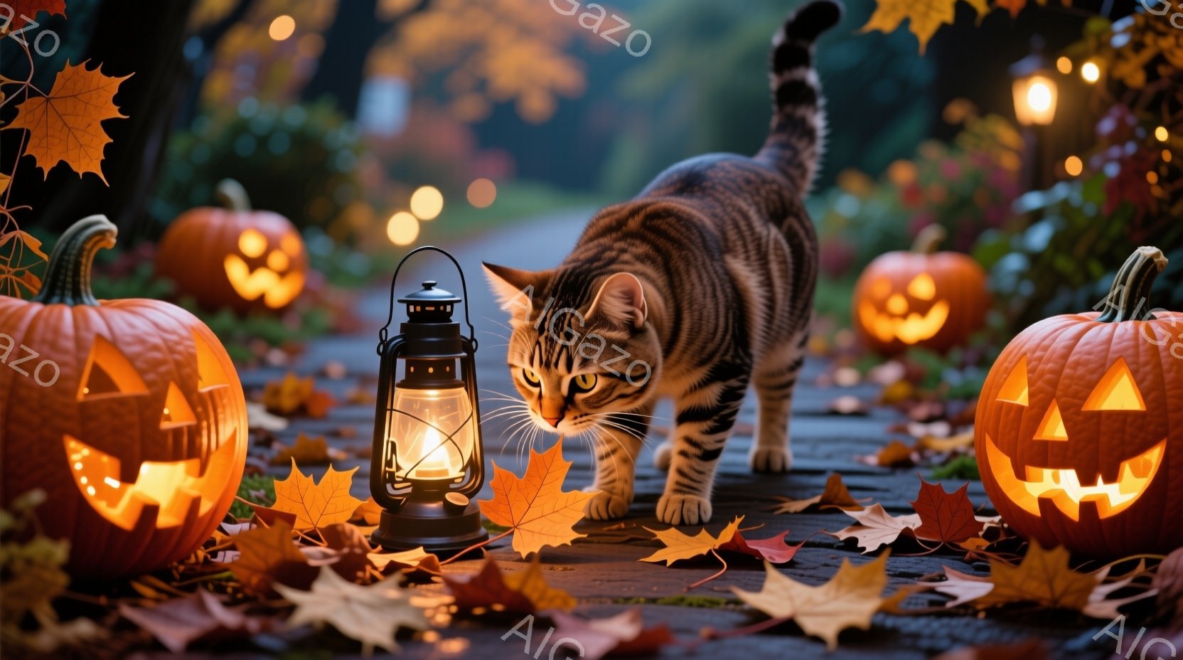 ハロウィーンの雰囲気で、切り株の上に彫刻されたジャック・オー・ランタンが並び、地面には落ち葉が散らばっています。一匹の茶トラ猫が、点灯したランタンの横を慎重に歩いており、前方の何かに集中している様子です。背景は暗く、ぼんやりと木々が見え、ランタンの光が幻想的な雰囲気を醸し出しています。