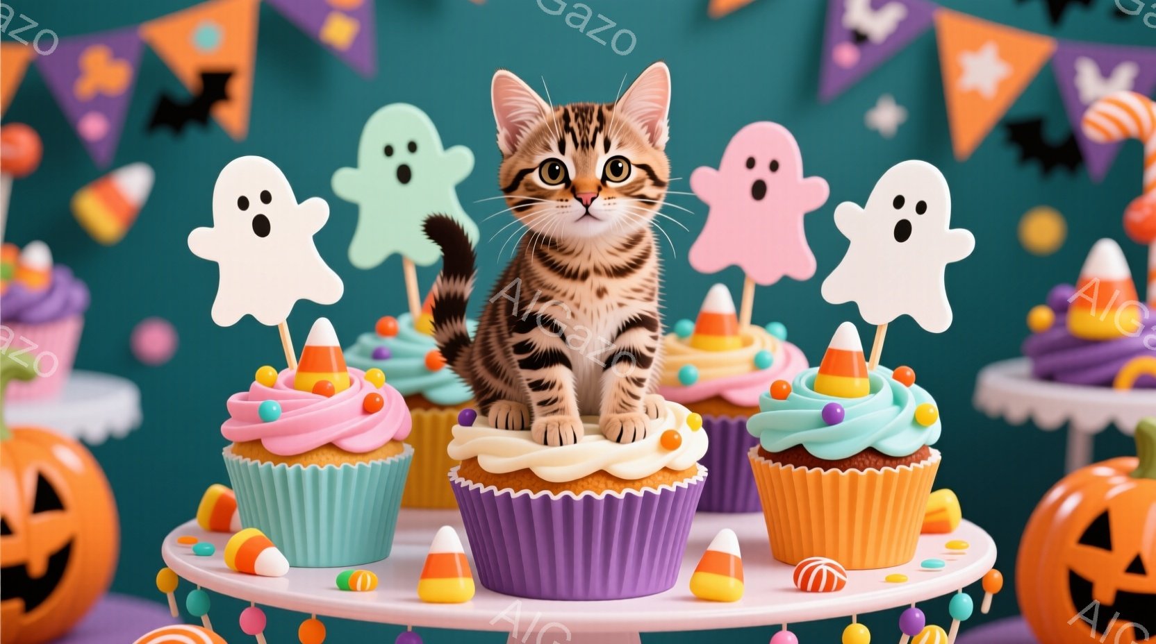 可愛らしい子猫が、ハロウィーンをテーマにしたカップケーキの山の上に座っています。背景には、カボチャのランタンやゴーストの飾り、キャンディコーンが散りばめられており、お祭り気分を盛り上げています。全体的 - AI生成フリー素材