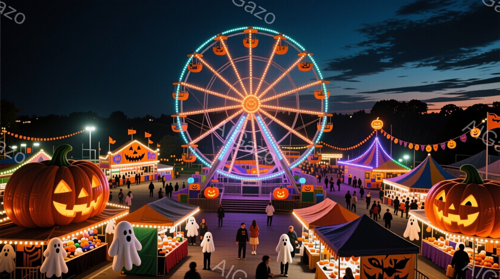ハロウィーンの夜の遊園地が描かれており、巨大なジャック・オー・ランタンと幽霊の装飾が並んでいる。人々はカジュアルな服装で、遊園地を散策したり、ゲームを楽しんだりしており、背景には観覧車がライトアップさ - AI生成フリー素材