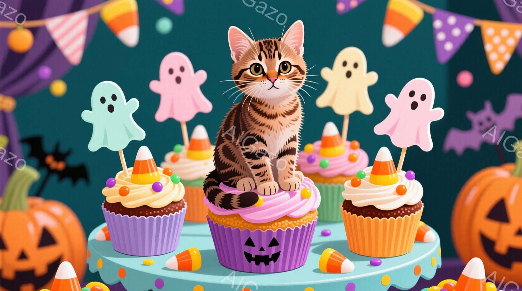 オレンジ色の縞模様の猫が、ハロウィーンをテーマにしたカップケーキの山の上に座っています。背景には、カボチャのランタン、キャンディコーン、幽霊の飾り、紫とオレンジのガーランドが描かれており、ハロウィーン - AI生成フリー素材
