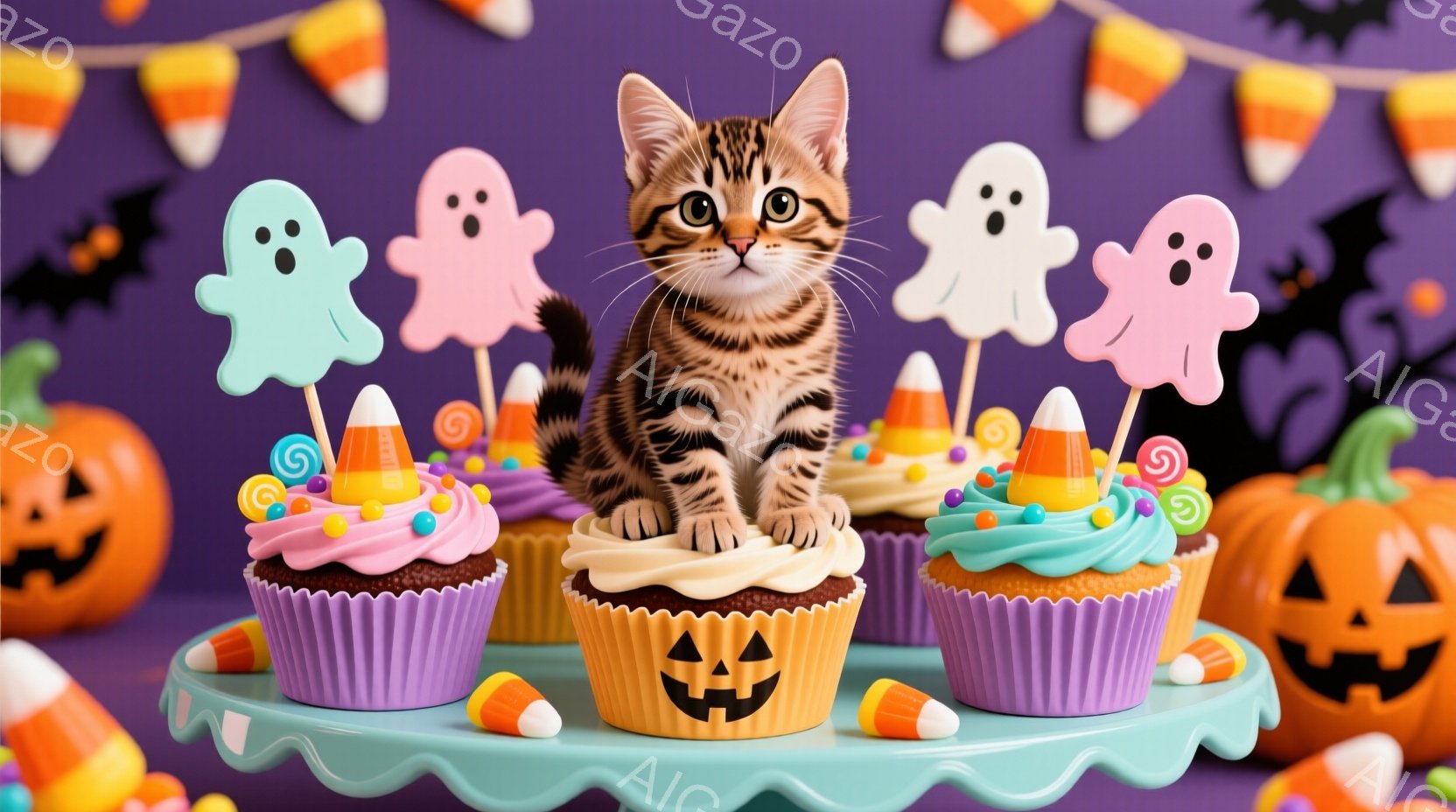 可愛らしい子猫が、ハロウィーンをテーマにしたカップケーキの盛り合わせの上に座っています。カップケーキにはカラフルなクリームが乗っており、お化けやカボチャの飾り、キャンディコーンが添えられています。背景 - AI生成フリー素材