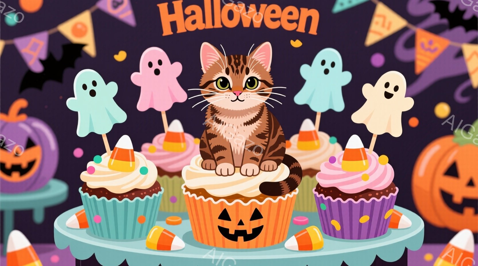 オレンジと白の縞模様の猫が、ハロウィーンをテーマにしたカップケーキの上に座っています。背景には、カボチャのランタンや幽霊の飾り、そしてオレンジと紫色のハロウィーンの装飾が散りばめられています。全体的に - AI生成フリー素材
