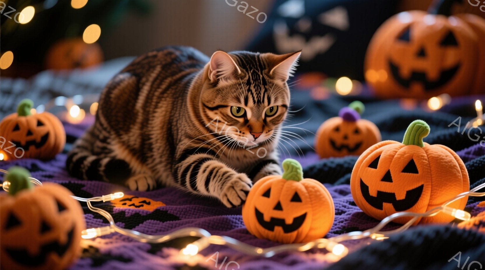 オレンジ色のハロウィーンのジャック・オー・ランタンに囲まれた縞模様の猫が写っている。猫は紫色の毛布の上で前足を伸ばしてリラックスした姿勢で、少し好奇心旺盛な表情をしている。背景にはぼやけた光のストリン - AI生成フリー素材