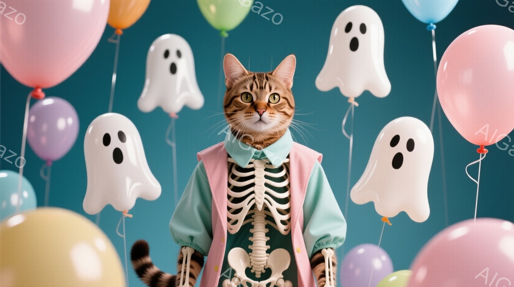 猫がハロウィーンをテーマにした服装をしている。薄い緑色のシャツの上に骨格の模様のジャケットを羽織り、自信に満ちた表情で正面を見ている。背景には、パステルカラーの風船や幽霊の形をした風船が浮かび、お祝い - AI生成フリー素材
