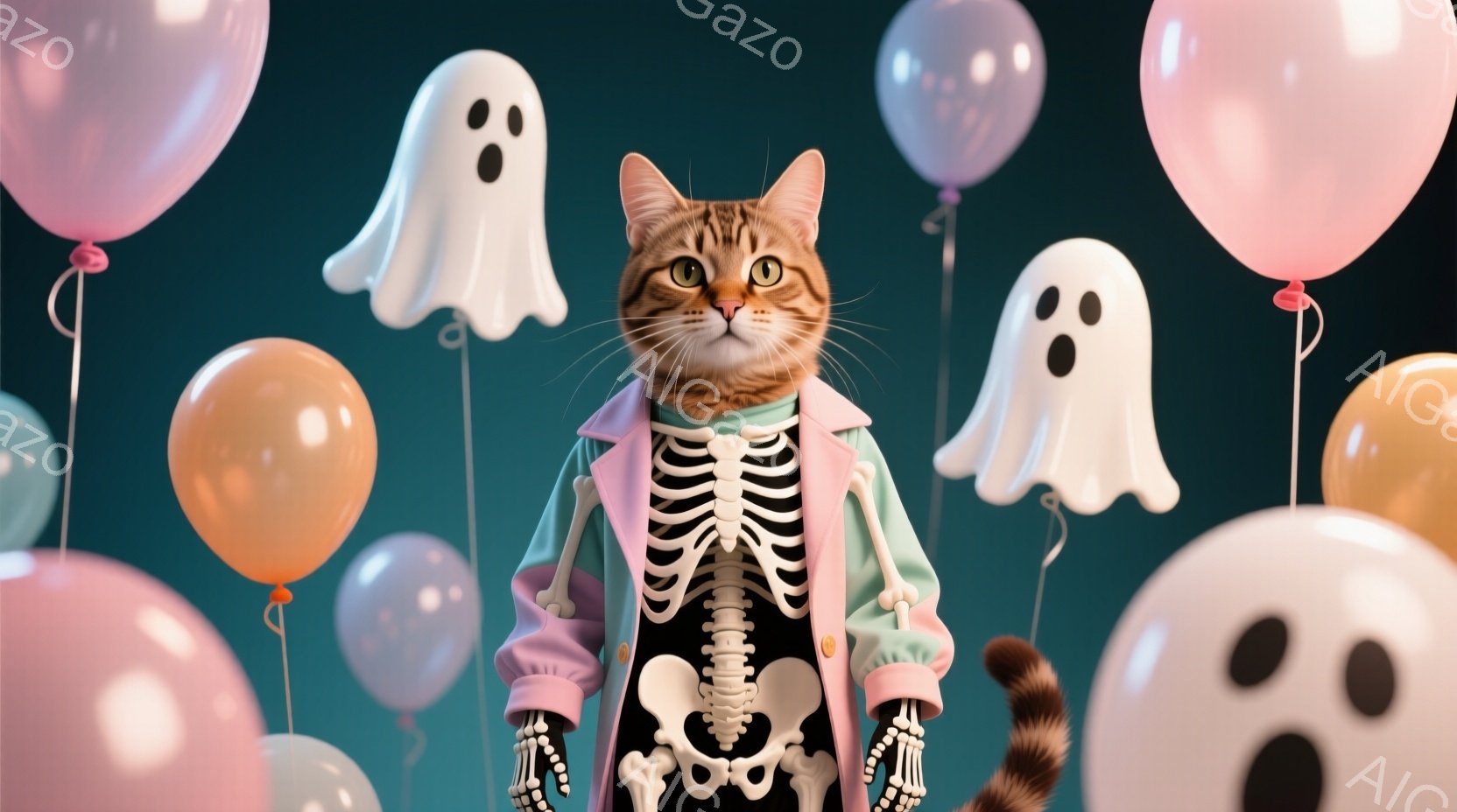 非常に楽しげで、幽霊の衣服を着た猫がお祭り気分になっているようです。猫は恐ろくもかわいい表情をしており、両手を自信に満ちたポーズで立っています。背景には幽霊のバルロンが上空に漂うように配置されているという派手な設定が特徴的です。全体として明るく、ホラーとコメディを組み合わせたような雰囲気を作り出します。