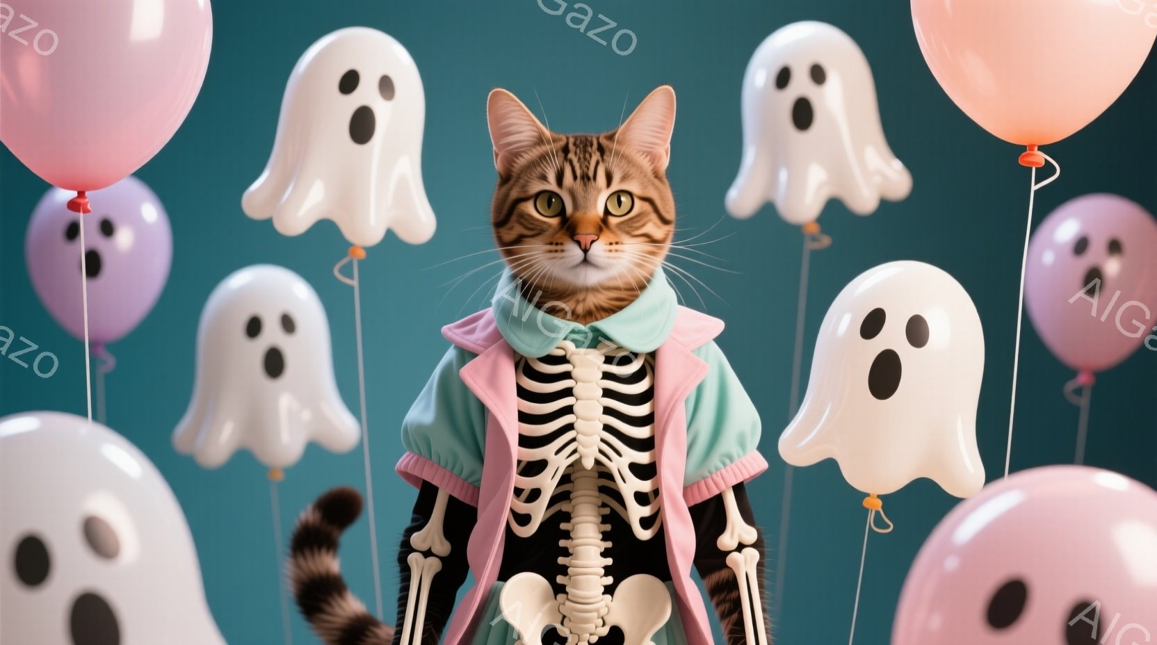 茶色の縞模様の猫がハロウィーン風の衣装を着ています。緑色の襟と袖があり、白い骸骨模様が特徴的なジャケットを羽織っています。背景には、可愛らしいお化けの風船が散りばめられており、全体的に明るく遊び心のある雰囲気を醸し出しています。