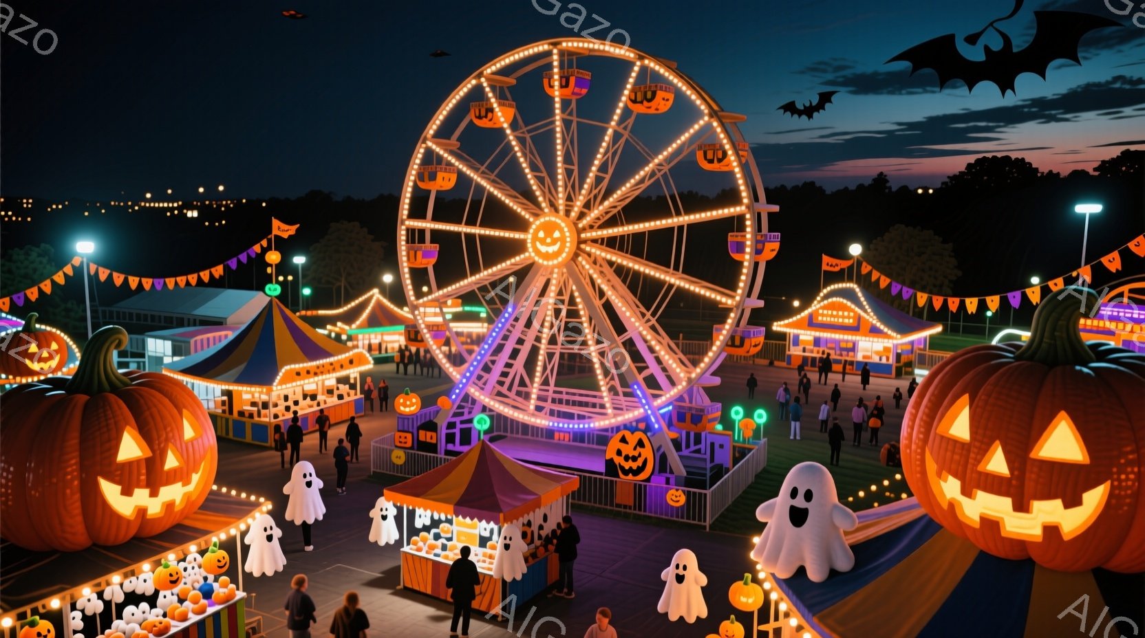 ハロウィーンの夜、遊園地が賑わっている様子が描かれています。人々は様々な仮装を楽しみ、背景にはパンプキンやゴーストの飾り付けが施された屋台が並び、観覧車がライトアップされています。空は夕暮れ時で、遠くには木々が見え、ハロウィーンらしいお祭り気分を盛り上げています。