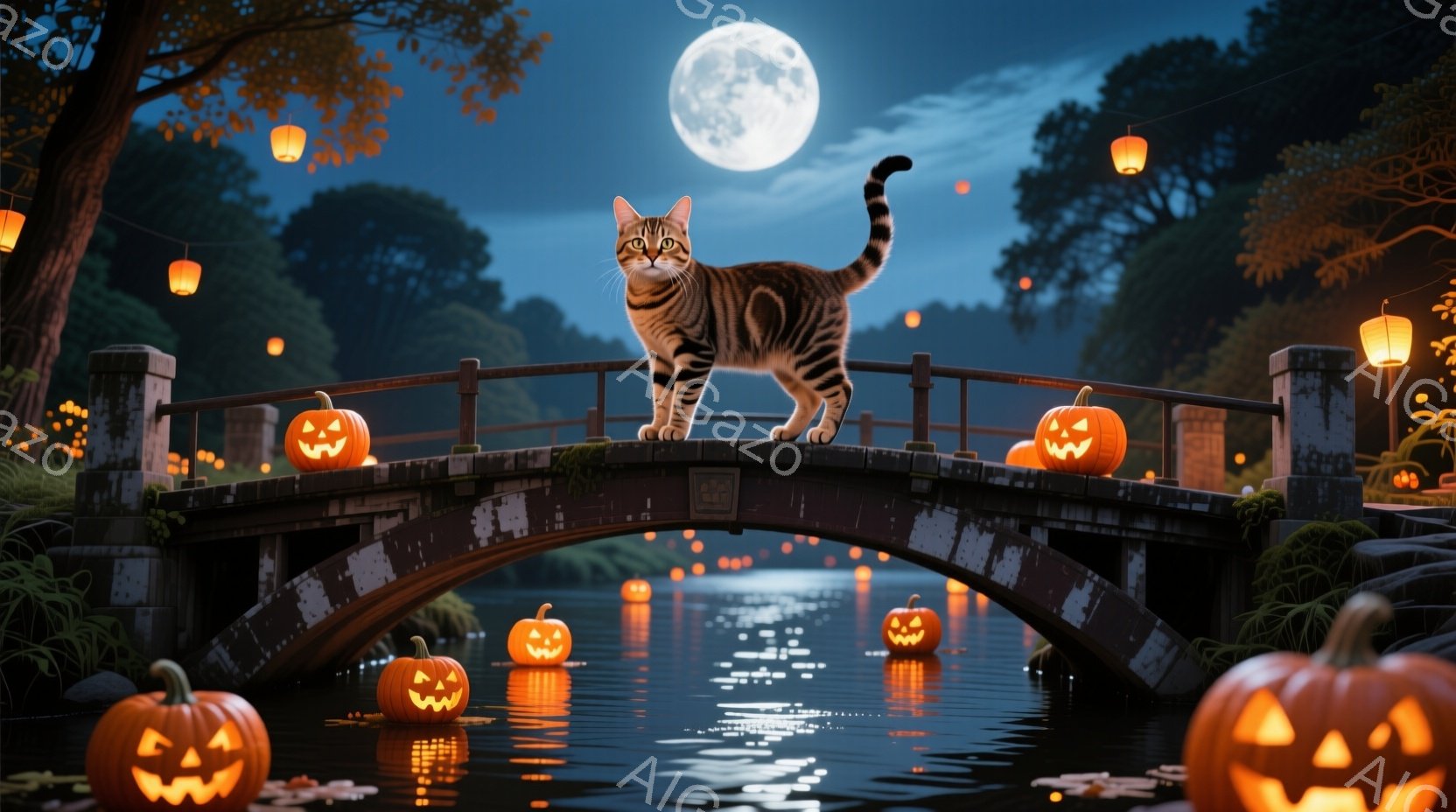 月明かりの下、古びた石橋の上で、縞模様の猫が威厳のある姿勢で立っている。橋の下の川にはたくさんのジャック・オー・ランタンが浮かび、周りの木々はハロウィンの飾り付けが施されている。全体的に不気味で幻想的な雰囲気で、秋の夜のハロウィーンの祝祭を彷彿とさせる。