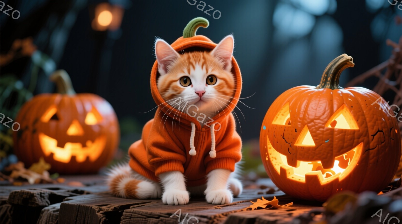 白とオレンジ色の毛並みの小さな猫が、オレンジ色のパーカーを着て、木製の台の上に座っています。猫は前方をまっすぐ見ており、好奇心と少しの戸惑いが入り混じった表情をしています。背景には、ジャック・オー・ランタンが灯っており、落ち葉が散らばり、ハロウィーンの温かく幻想的な雰囲気を醸し出しています。