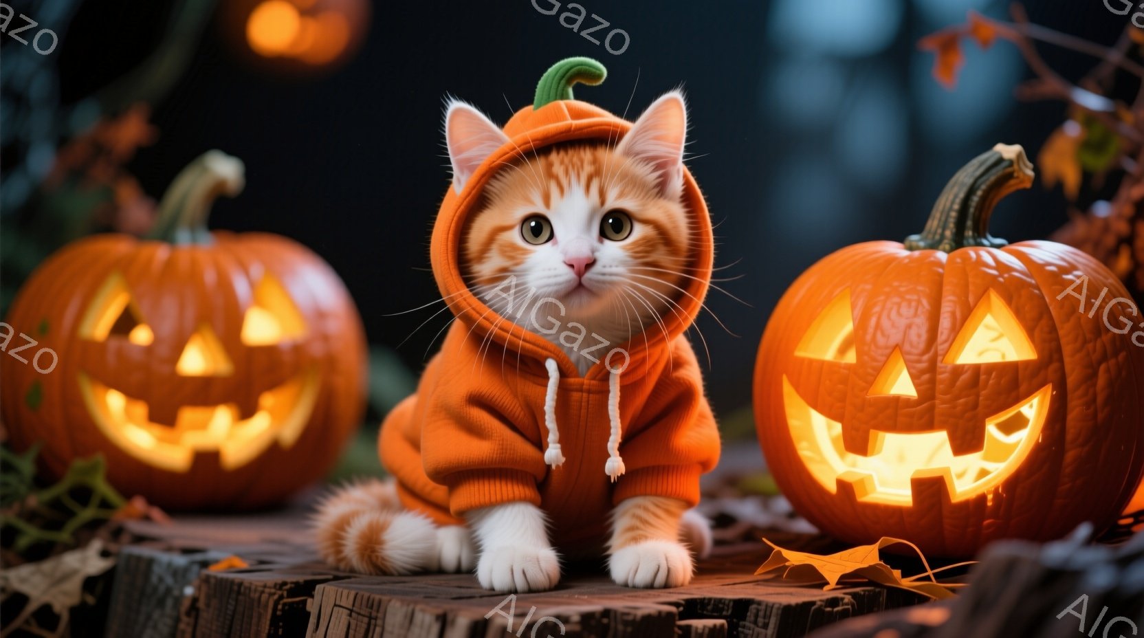白とオレンジ色の毛並みを持つ子猫が、ハロウィーンを連想させるオレンジ色のパーカーを着ています。丸い目をしてカメラを見つめており、可愛らしい表情をしています。背景には、ジャック・オー・ランタンがいくつか置かれ、落ち葉が散らばる木製の台の上に子猫が座っている様子は、秋のハロウィーンの暖かい雰囲気を醸し出しています。