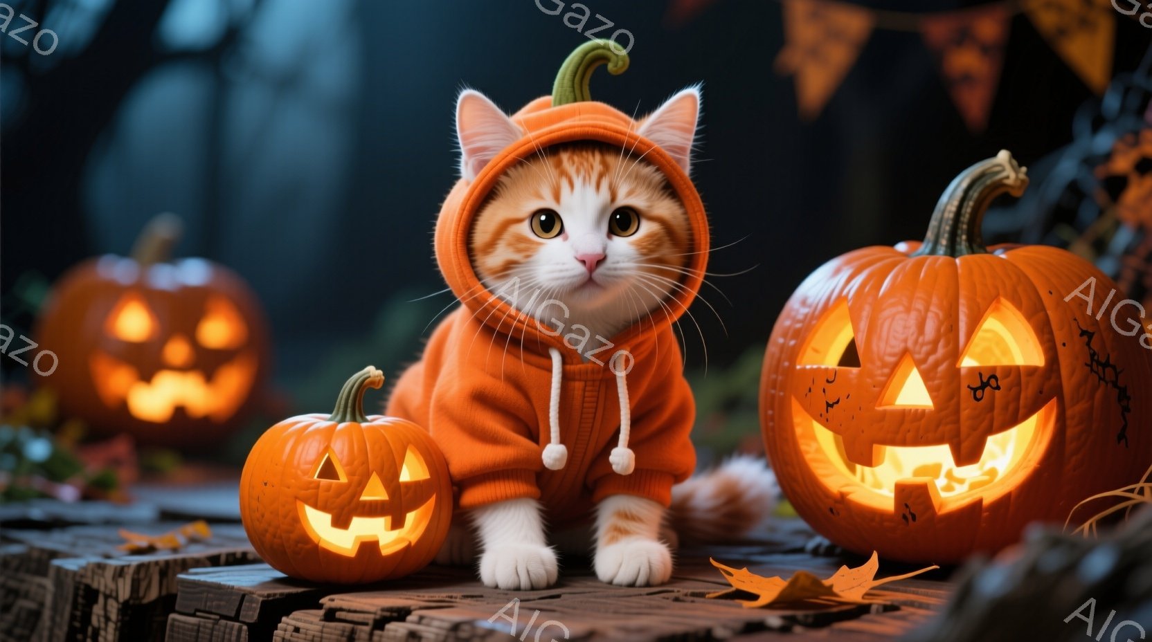 白とオレンジの毛並みを持つ子猫が、ハロウィーンの衣装であるオレンジ色のパーカーを着て、彫刻されたカボチャの間に座っています。子猫は正面を見つめ、興味津々とした表情を浮かべており、その周りには落ち葉が散 - AI生成フリー素材