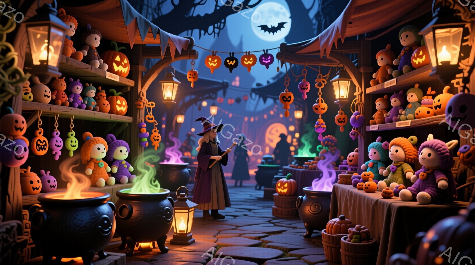 石畳の道に沿って、ハロウィーンの装飾が施されたお店が並んでいます。魔女が黒い服と先のとがった帽子を身につけ、杖を持って紫色の魔法の鍋をかき混ぜています。背景には、月明かりに照らされた木々と、さまざまな表情の可愛らしいカボチャの人形が並んだ店が広がっており、幻想的で遊び心あふれる雰囲気です。