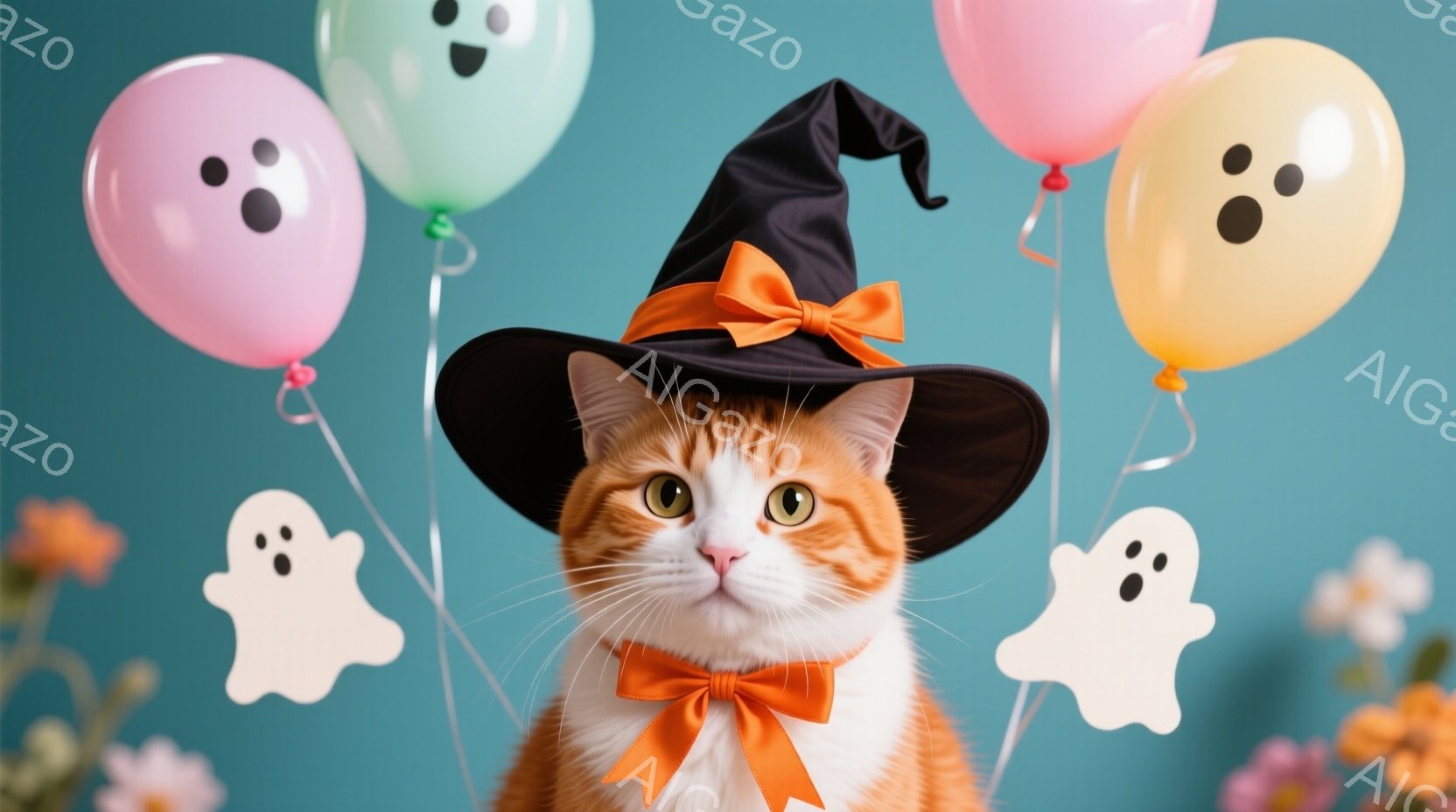 オレンジ色の毛並みの猫が、ハロウィーンらしい黒い帽子とオレンジ色のリボンをつけて正面を見据えています。背景は水色の壁で、白いお化けの形をした飾りと、オレンジ、ピンク、緑色の風船が浮かんでいます。 全体的に、可愛らしく遊び心のあるハロウィーンの雰囲気です。